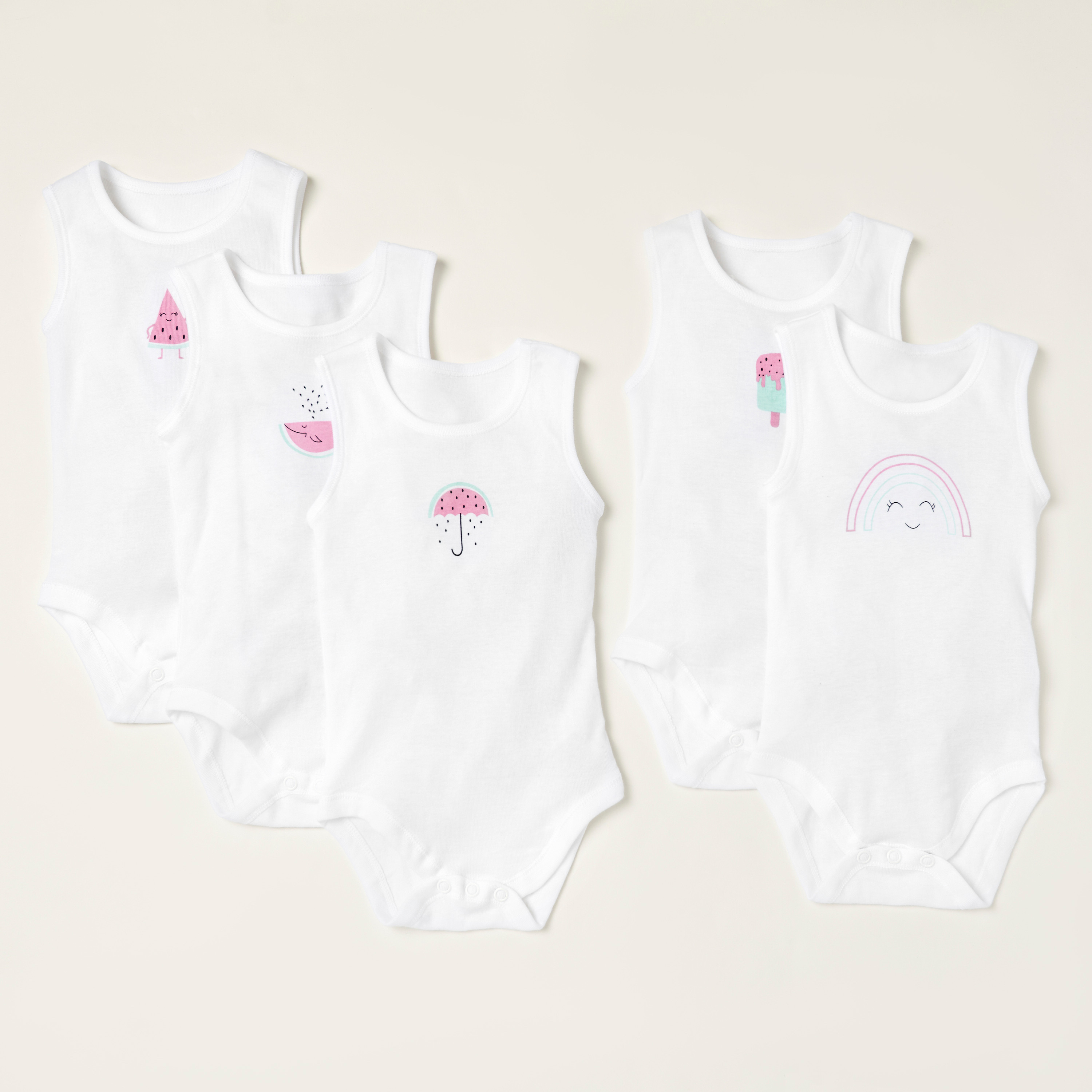 بودي سوت دون أكمام بياقة مستديرة وطبعات من جونيورز- طقم من 5 قطع-baby-girls-clothing-bodysuits-image-1