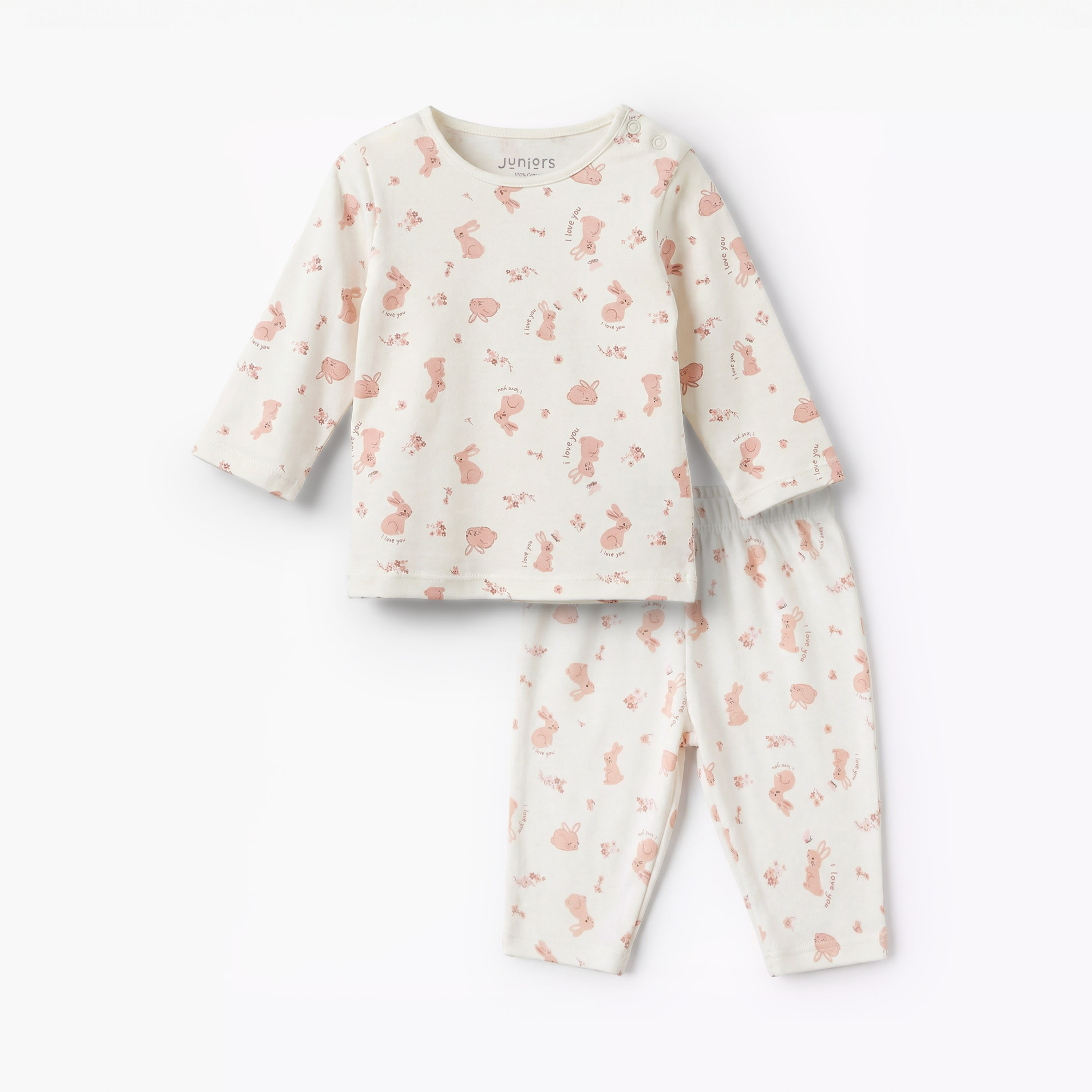 Juniors Cotton Round Neck Long Sleeves Pyjama Set with Bunny Print-baby-girls-clothing-nightwear-pyjamasets-image-1