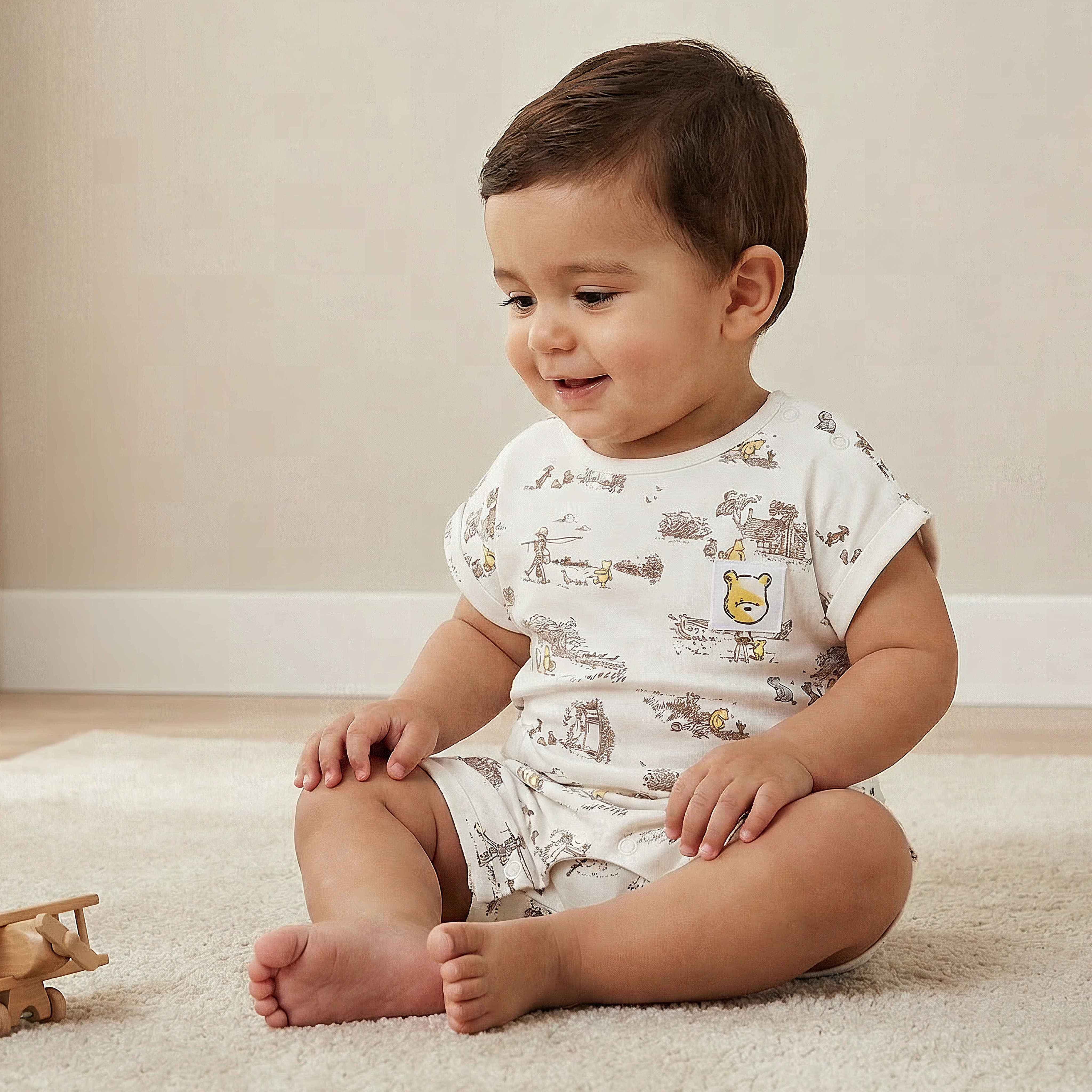 Disney Crew Neck Short Sleeves Romper with Winnie the Pooh and Friends Print-baby-boys-clothing-rompers-image-1