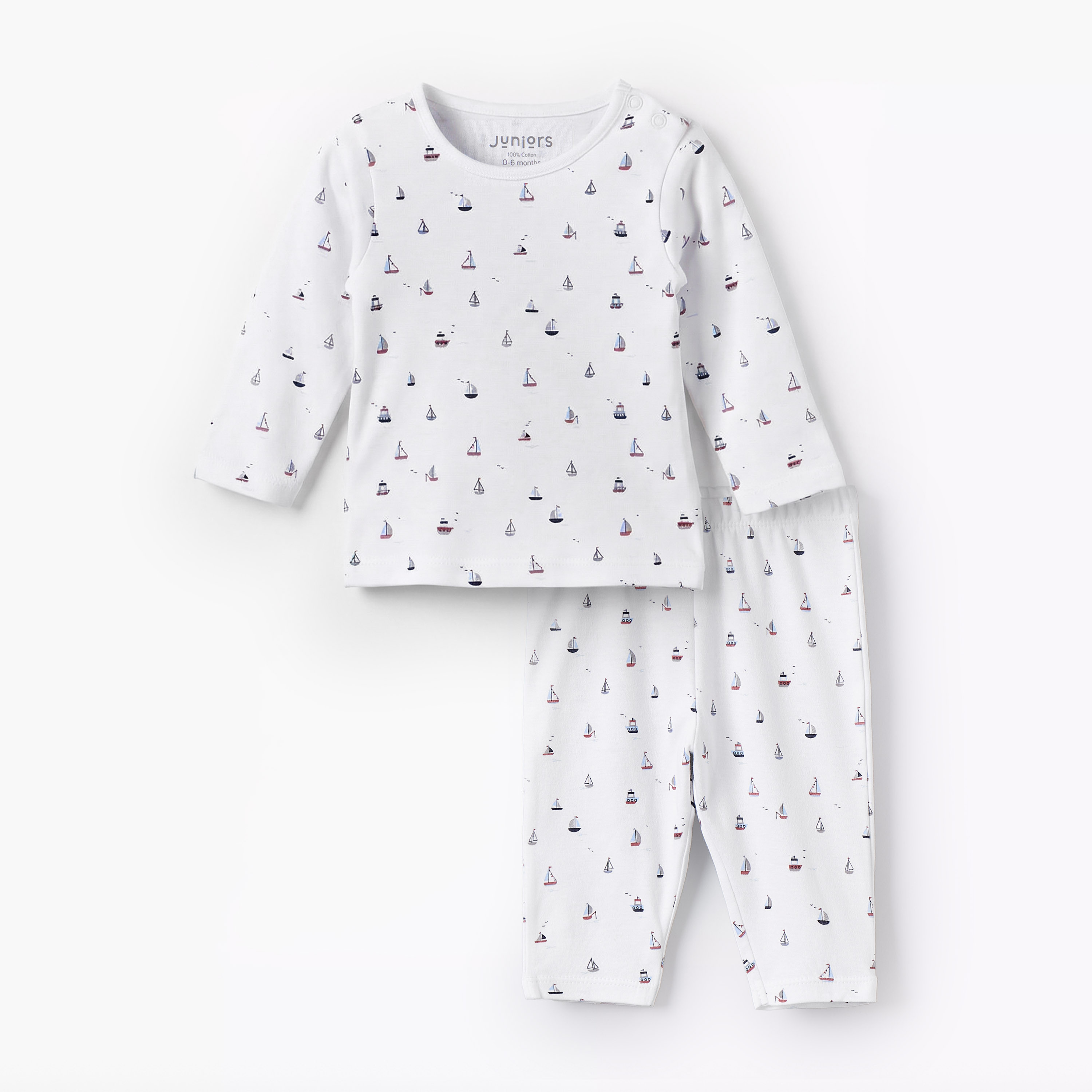 Juniors Cotton Round Neck Long Sleeves Pyjama Set with Boat Print-baby-boys-clothing-nightwear-pyjamasets-image-1