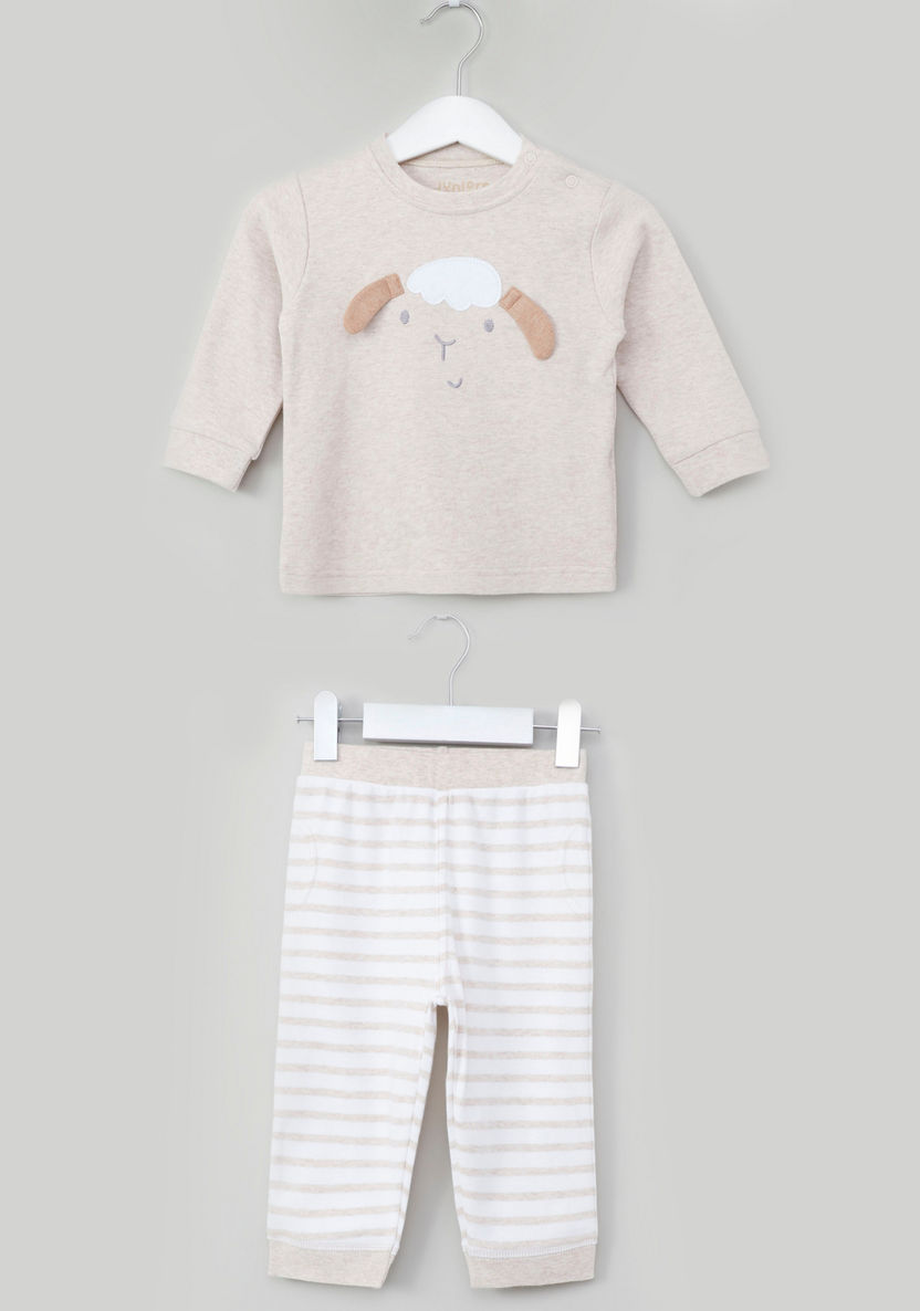 Juniors Embroidered Applique Detail Sweatshirt with Striped Jog Pants-Pyjama Sets-image-0