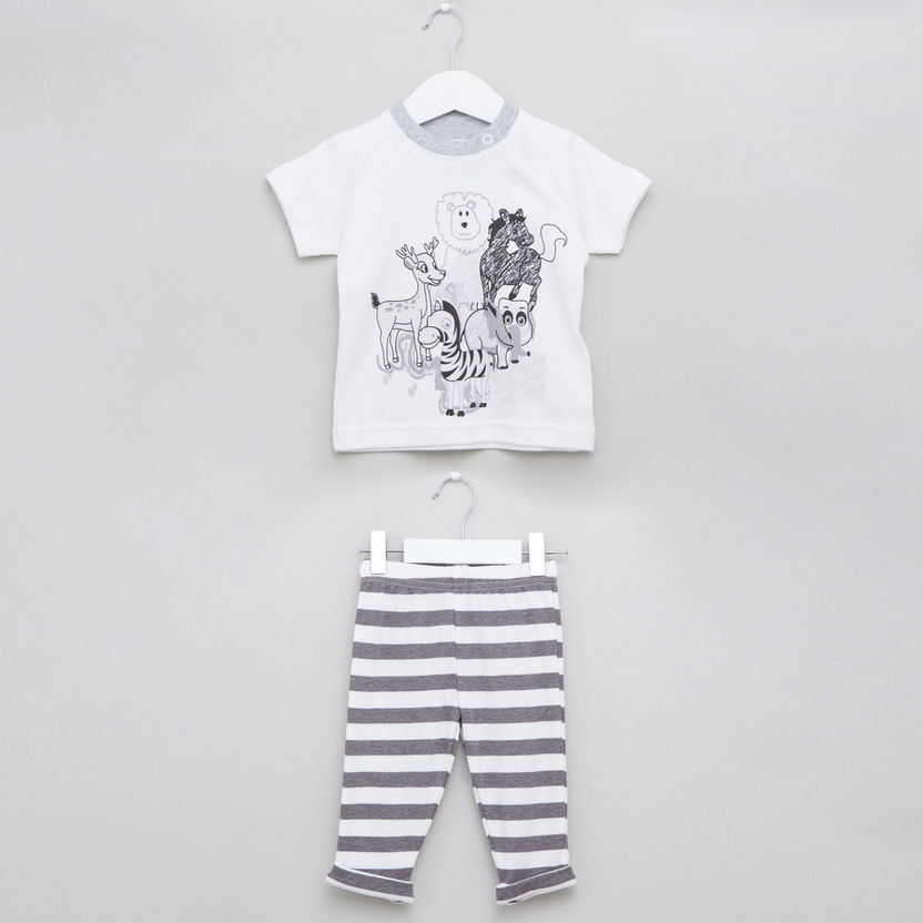 Juniors Printed T-shirt and Striped Pyjama Set-Sleepsuits-image-0