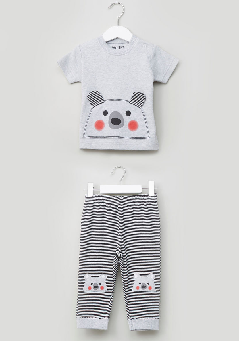 Juniors Printed T-shirt and Pyjama Set with Applique Detail-Pyjama Sets-image-0