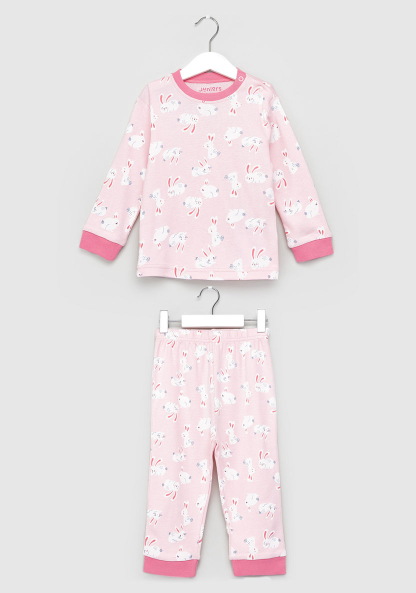 Juniors Rabbit Printed T-shirt and Pyjama Set-Pyjama Sets-image-0