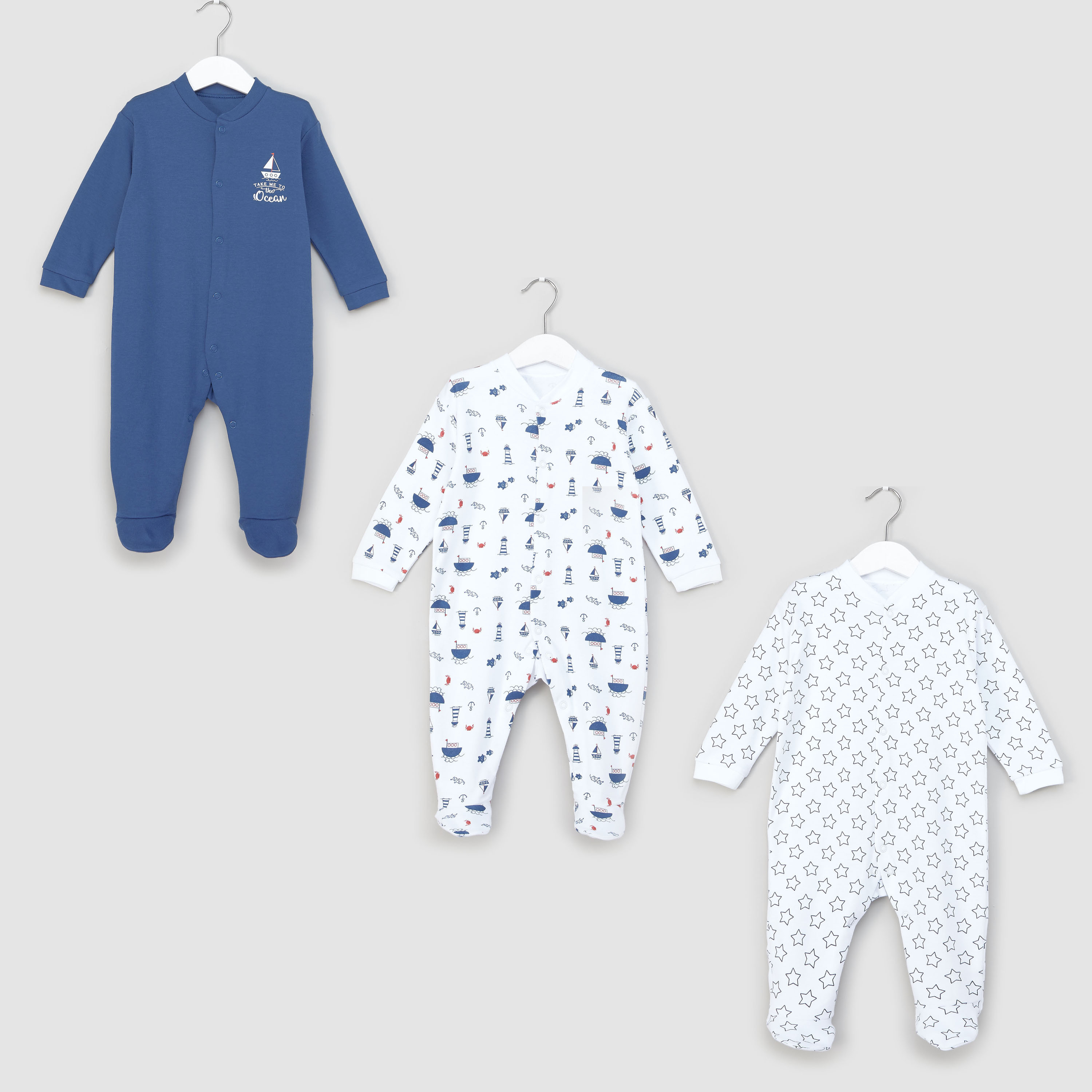Juniors Printed Closed Feet Sleepsuit with Long Sleeves - Set of 3-baby-boys-clothing-nightwear-sleepsuits-image-1