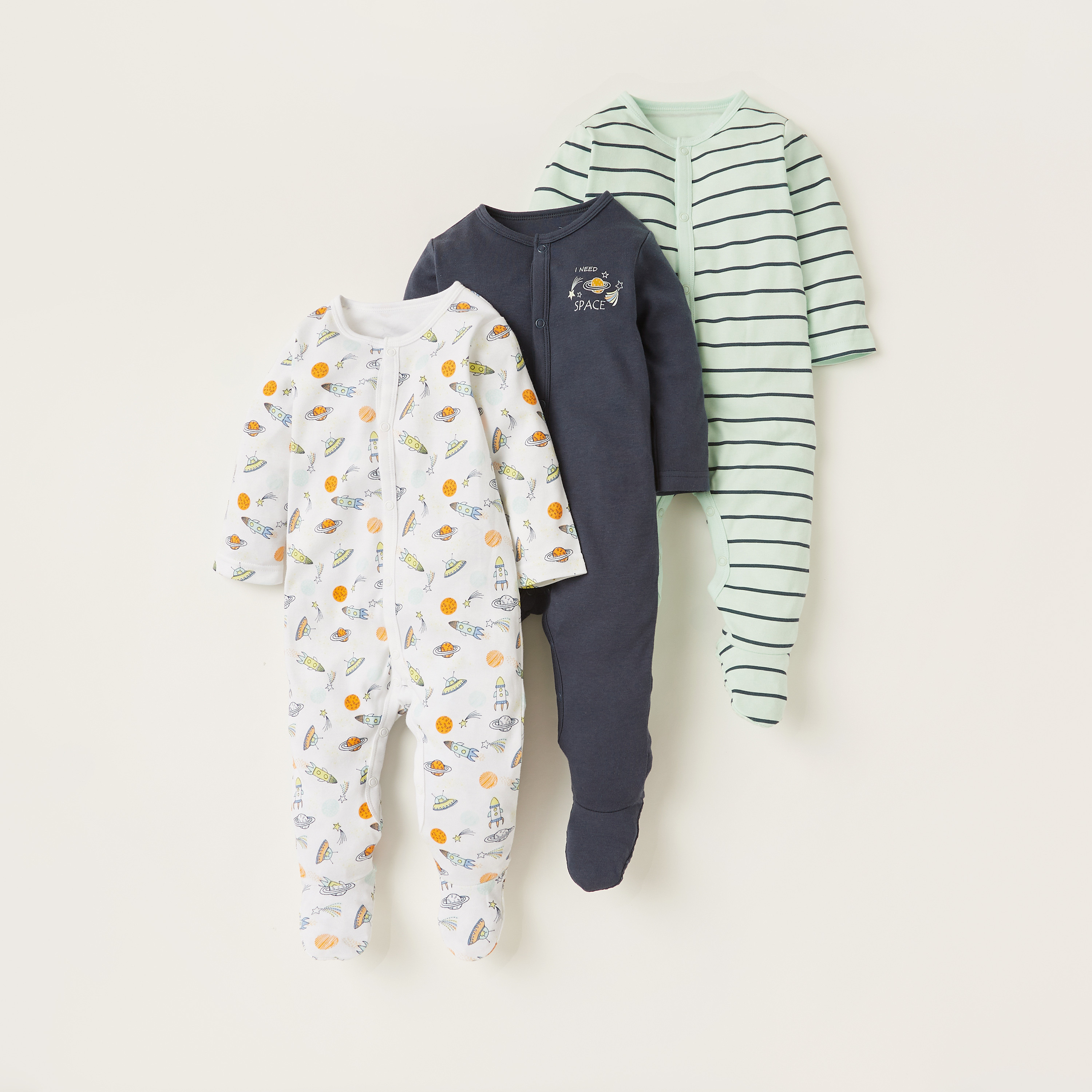 Juniors Printed Sleepsuit with Long Sleeves and Snap Button Closure - Set of 3-baby-boys-clothing-nightwear-sleepsuits-image-1