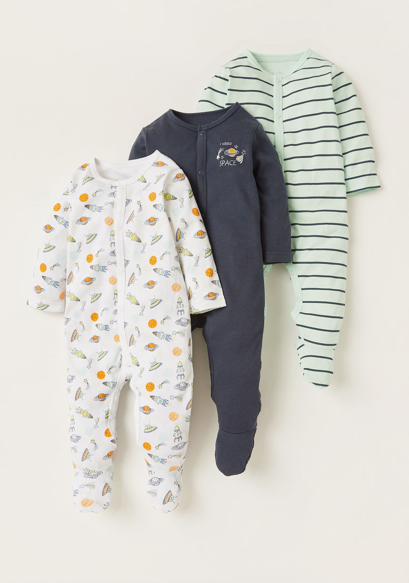 Juniors Printed Sleepsuit with Long Sleeves and Snap Button Closure - Set of 3-Sleepsuits-image-0