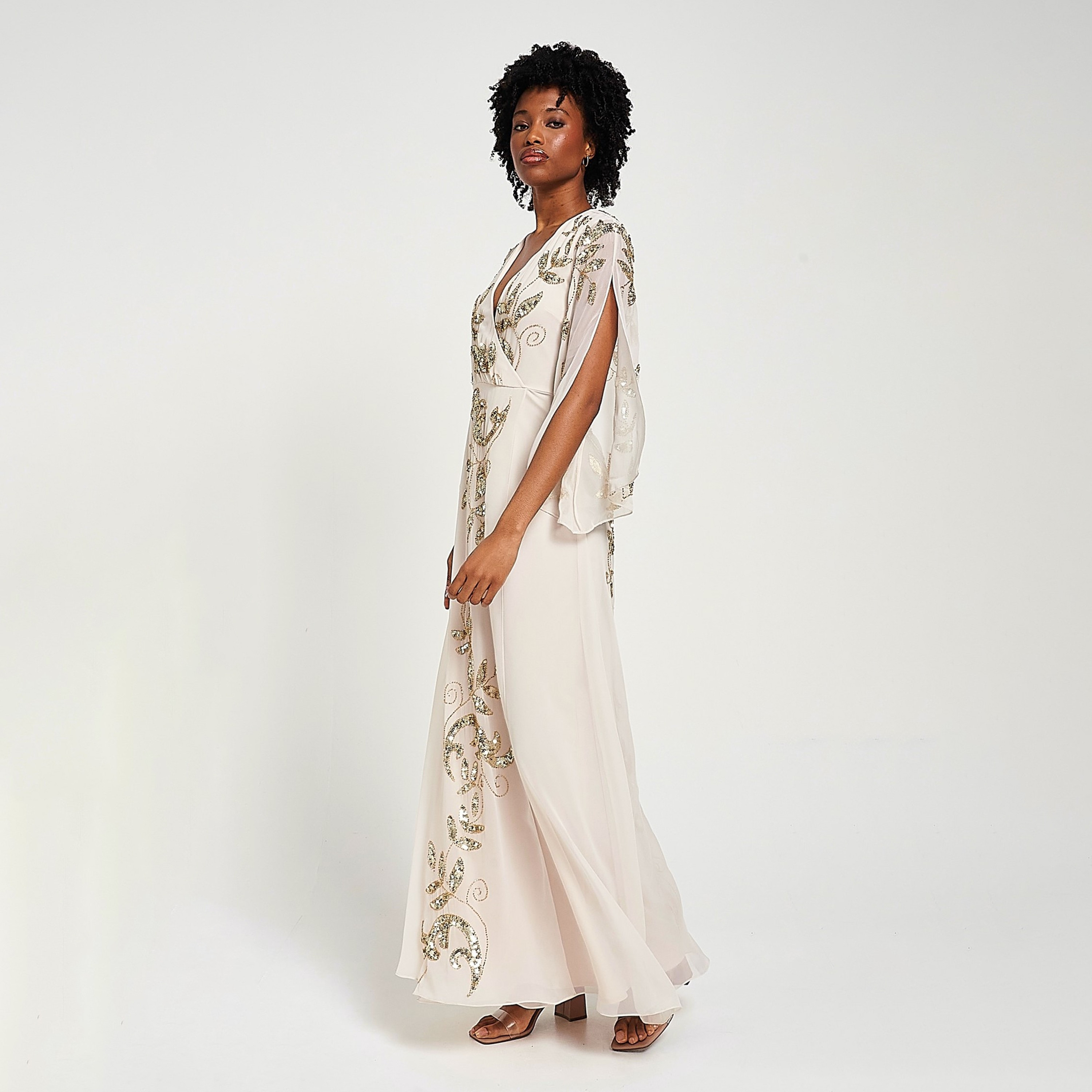 Frock and Frill White Sequined & Beaded Slit Sleeves Women's Evening Maxi Dress-women-clothing-dresses-image-2