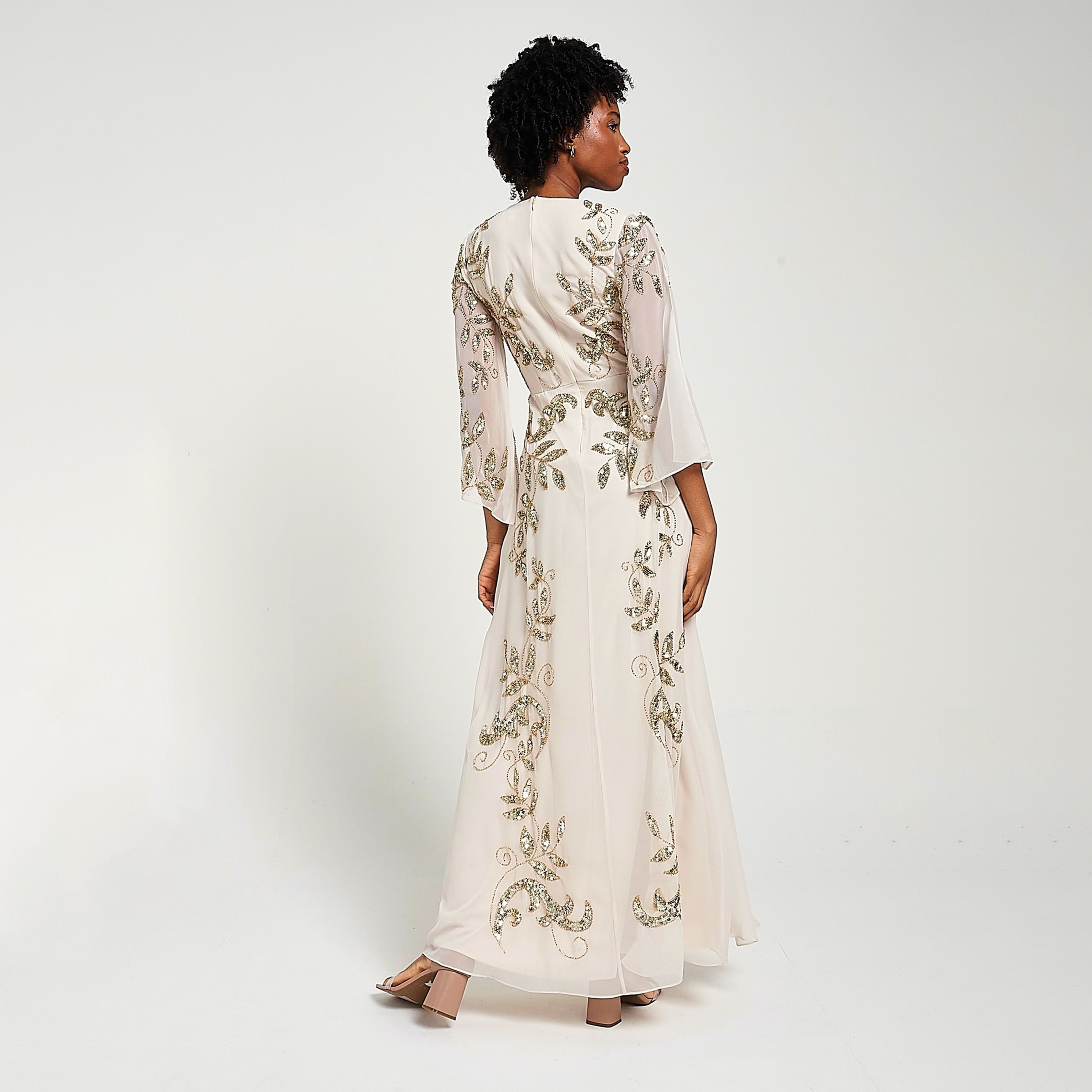 Frock and Frill White Sequined & Beaded Slit Sleeves Women's Evening Maxi Dress-women-clothing-dresses-image-3