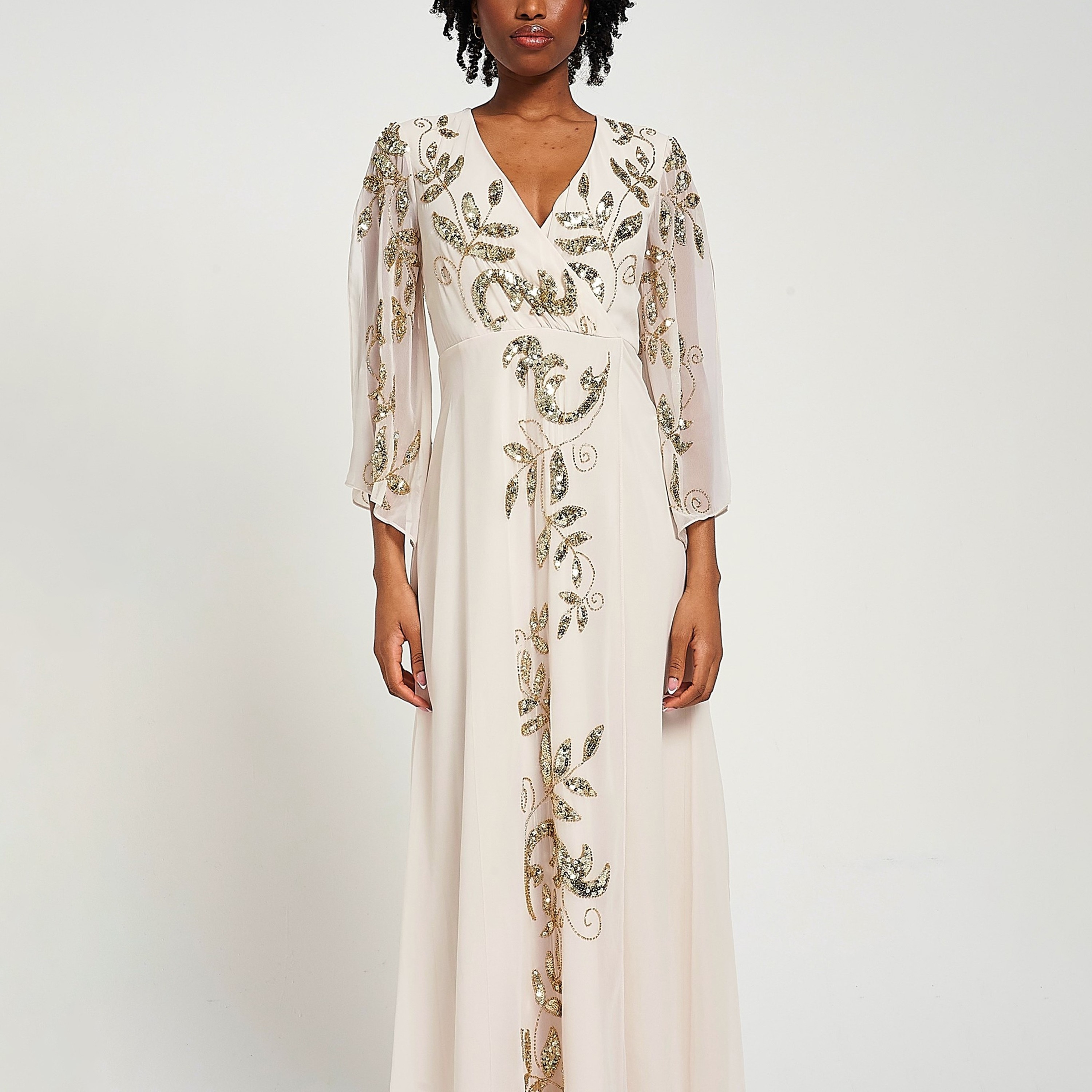 Frock and Frill White Sequined & Beaded Slit Sleeves Women's Evening Maxi Dress-women-clothing-dresses-image-4