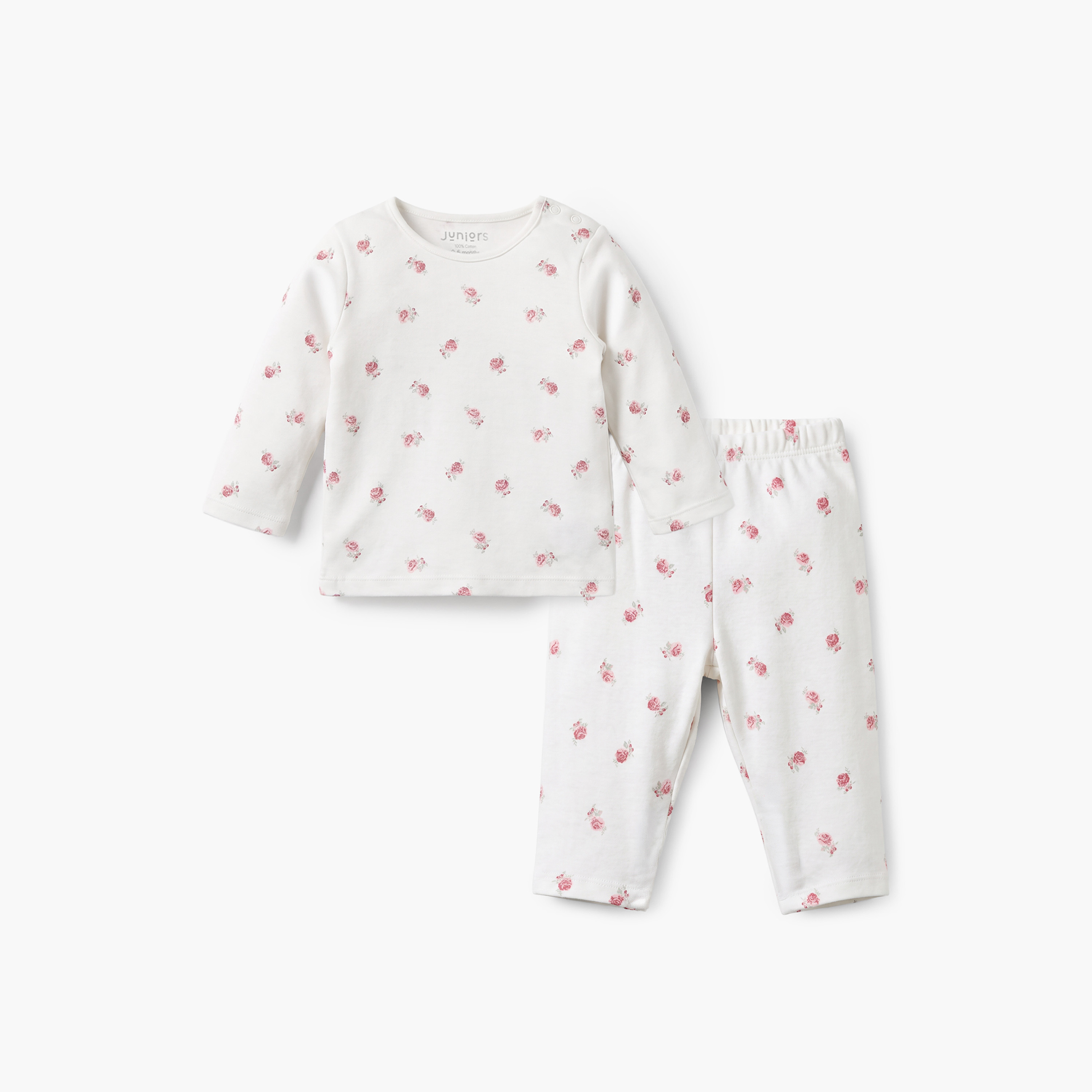 Juniors Cotton Crew Neck Long Sleeves Pyjama Set with Floral Print-baby-girls-clothing-nightwear-pyjamasets-image-2