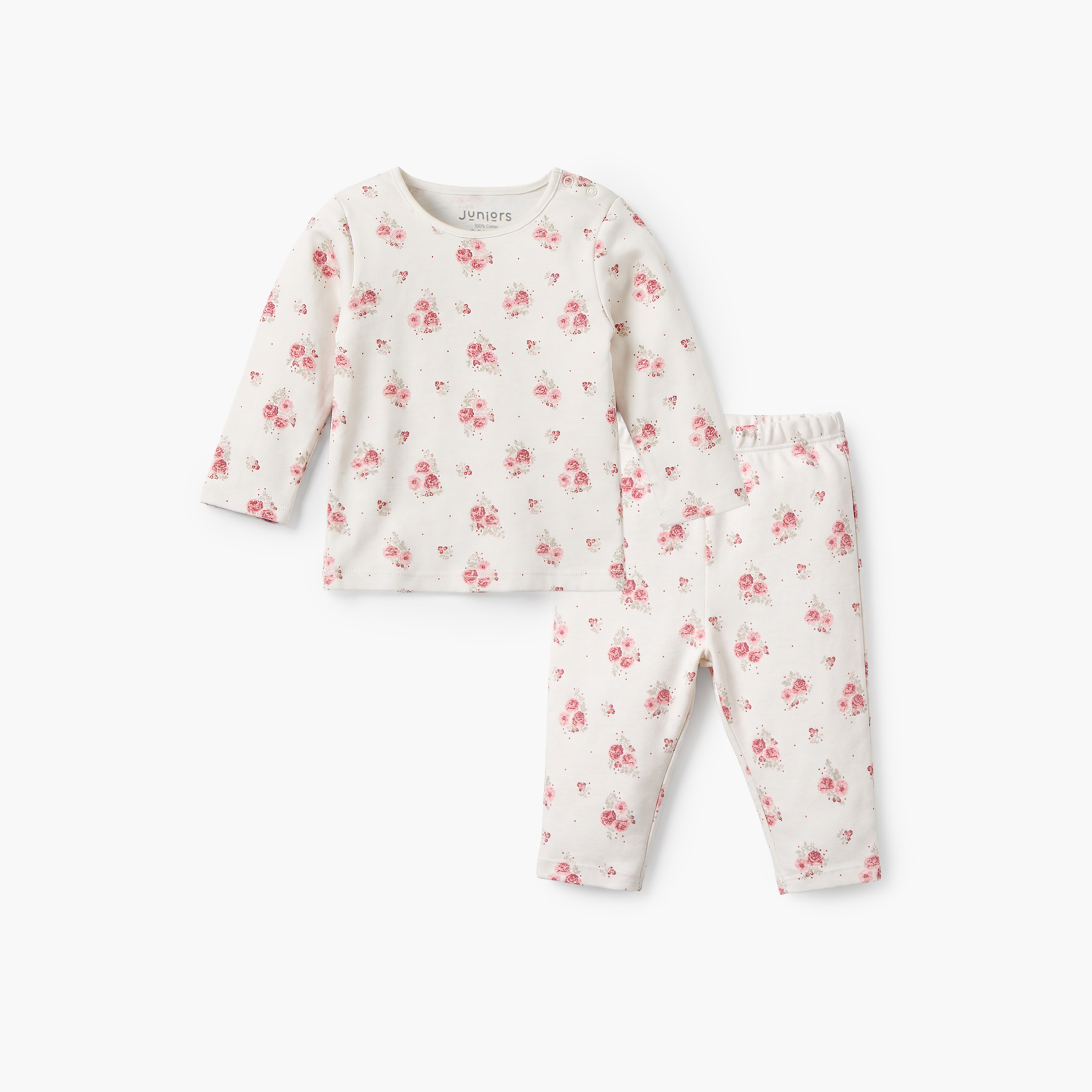 Juniors Cotton Crew Neck Long Sleeves Pyjama Set with Floral Print-baby-girls-clothing-nightwear-pyjamasets-image-2