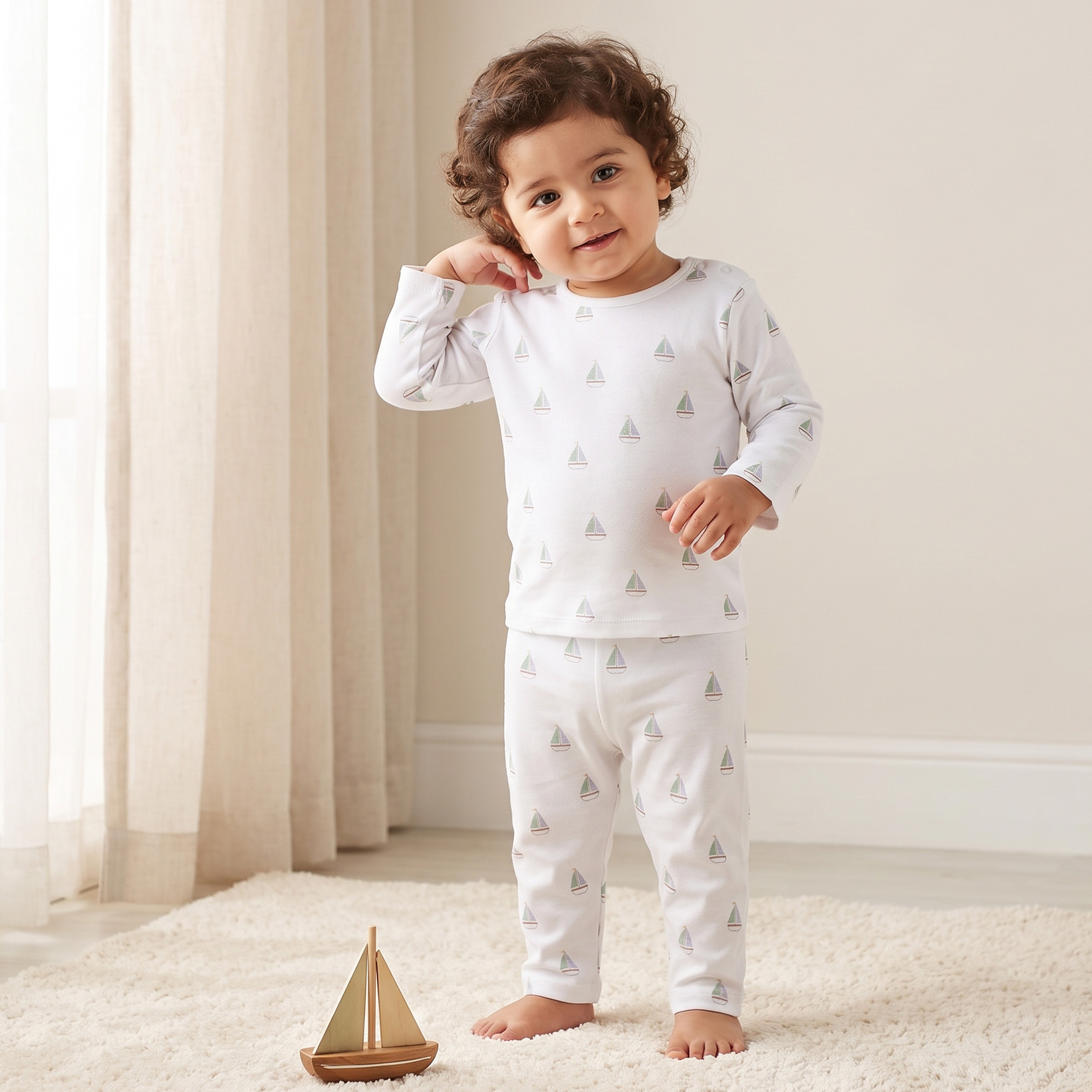 طقم بيجاما قطني بياقة مستديرة وأكمام طويلة بطبعة قارب شراعي من جونيورز-baby-boys-clothing-nightwear-pyjamasets-image-1