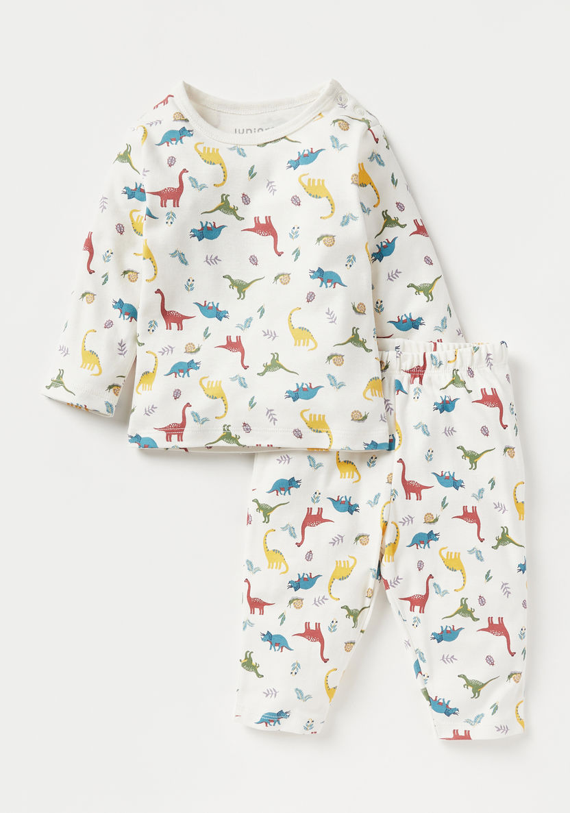 Juniors All-Over Dinosaur Print Long Sleeves T-shirt and Elasticated Pyjama Set-Pyjama Sets-image-0