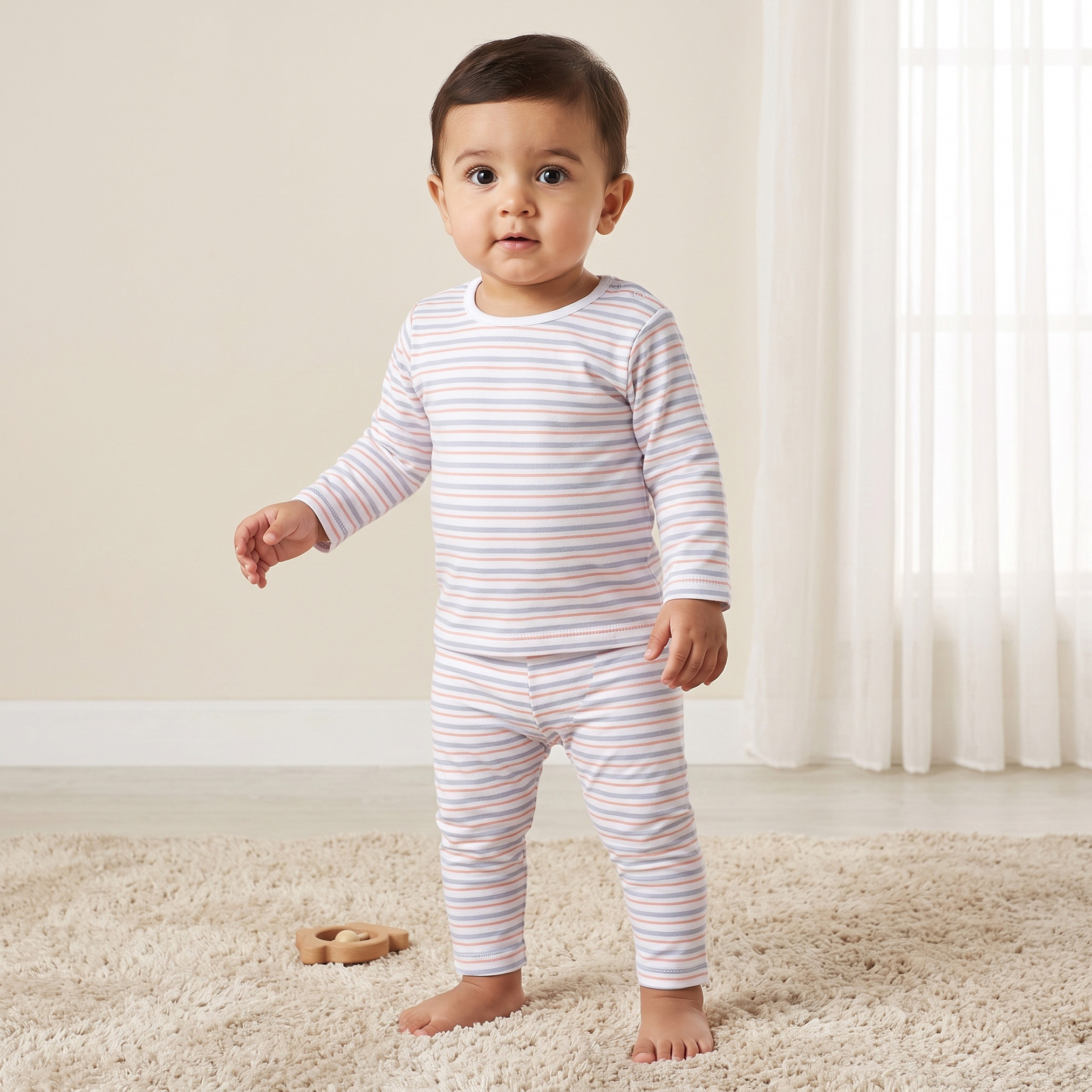 طقم بيجاما قطن مخطط بأكمام طويلة وياقة ضيقة من جونيورز-baby-boys-clothing-nightwear-pyjamasets-image-1