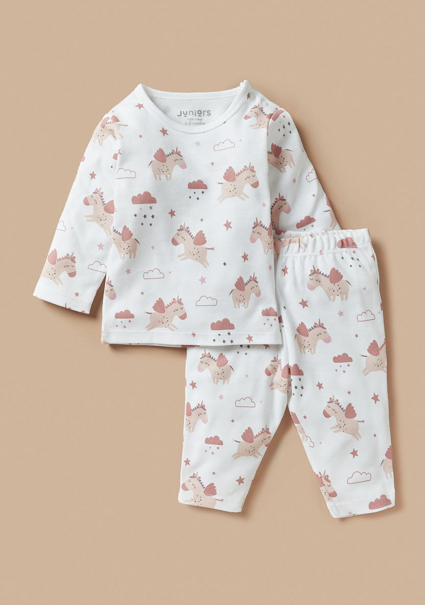 Juniors All-Over Unicorn Print Long Sleeves T-shirt and Pyjama Set-Pyjama Sets-image-0