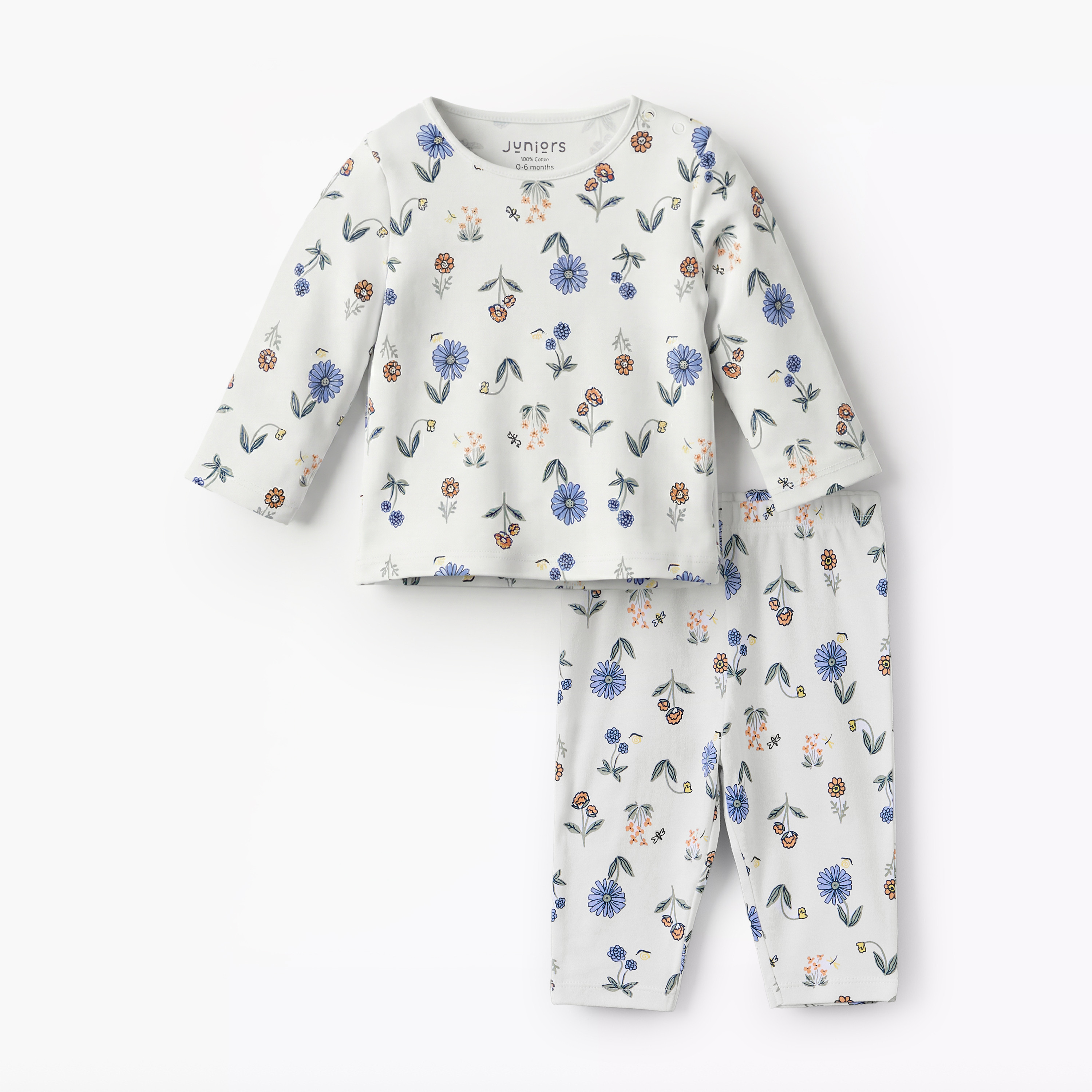 Juniors Cotton Round Neck Long Sleeves Pyjama Set with Floral Print-baby-girls-clothing-nightwear-pyjamasets-image-2