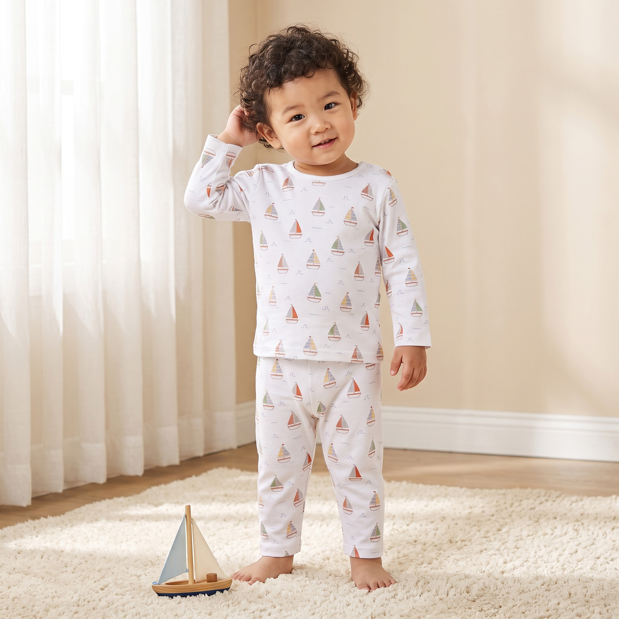طقم بيجاما قطني بياقة مستديرة وأكمام طويلة بطبعة قارب شراعي من جونيورز-baby-boys-clothing-nightwear-pyjamasets-image-1