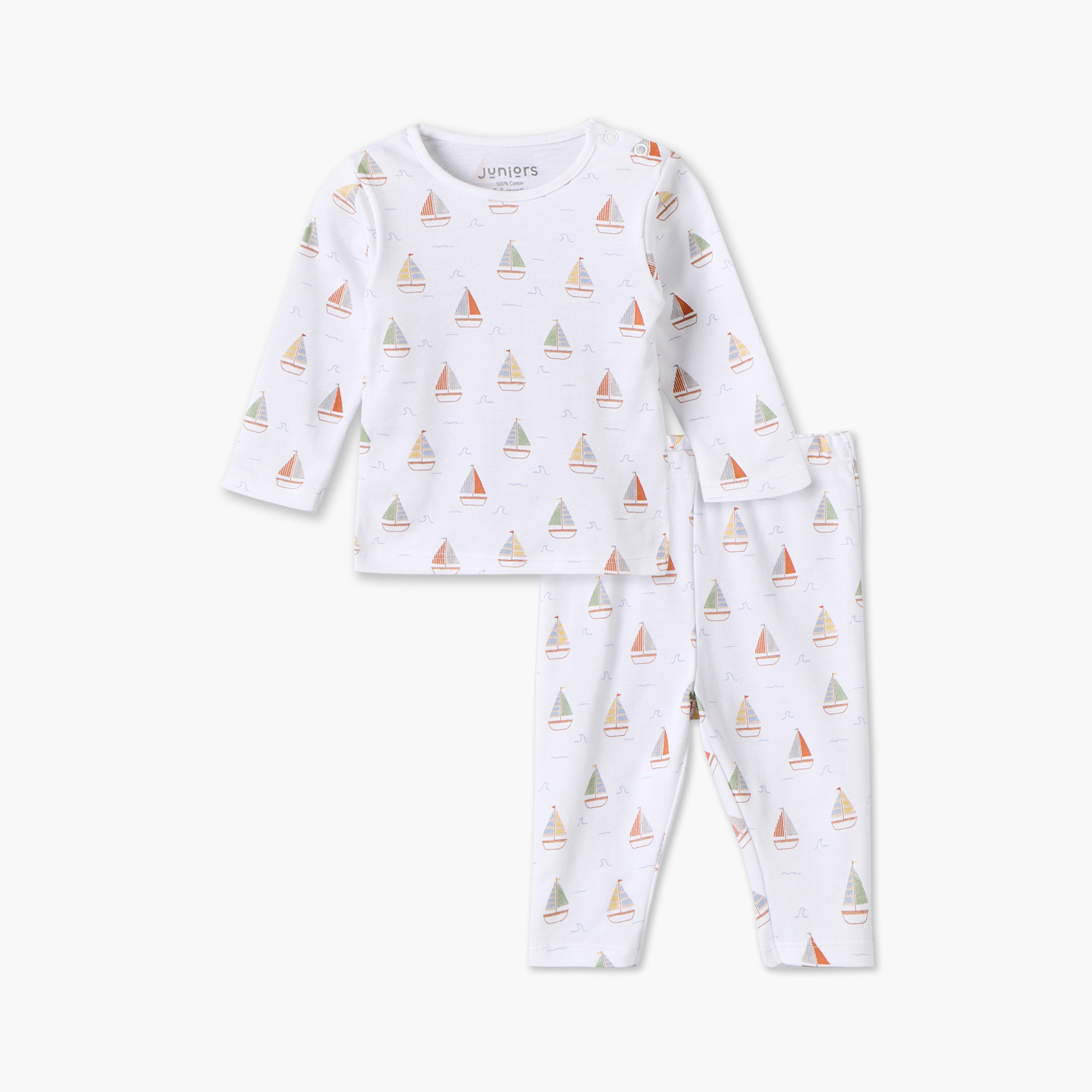 طقم بيجاما قطني بياقة مستديرة وأكمام طويلة بطبعة قارب شراعي من جونيورز-baby-boys-clothing-nightwear-pyjamasets-image-2