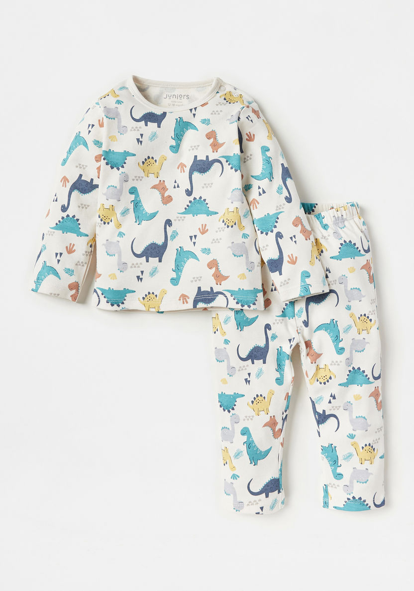 Juniors All-Over Dinosaur Print Long Sleeves T-shirt and Pyjama Set-Pyjama Sets-image-0