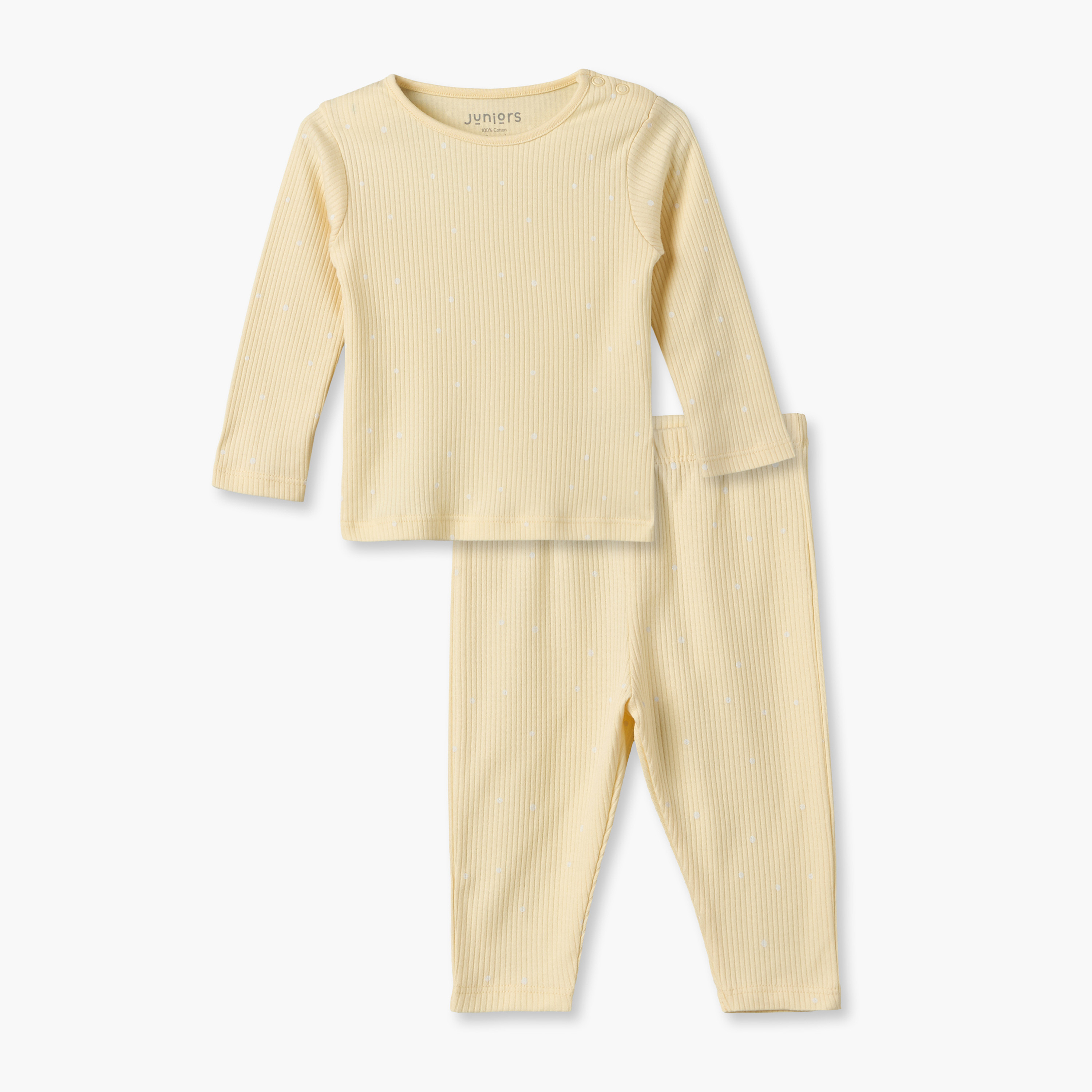 Juniors Cotton Crew Neck Long Sleeves Pyjama Set with Polka Dot Print-baby-girls-clothing-nightwear-pyjamasets-image-1