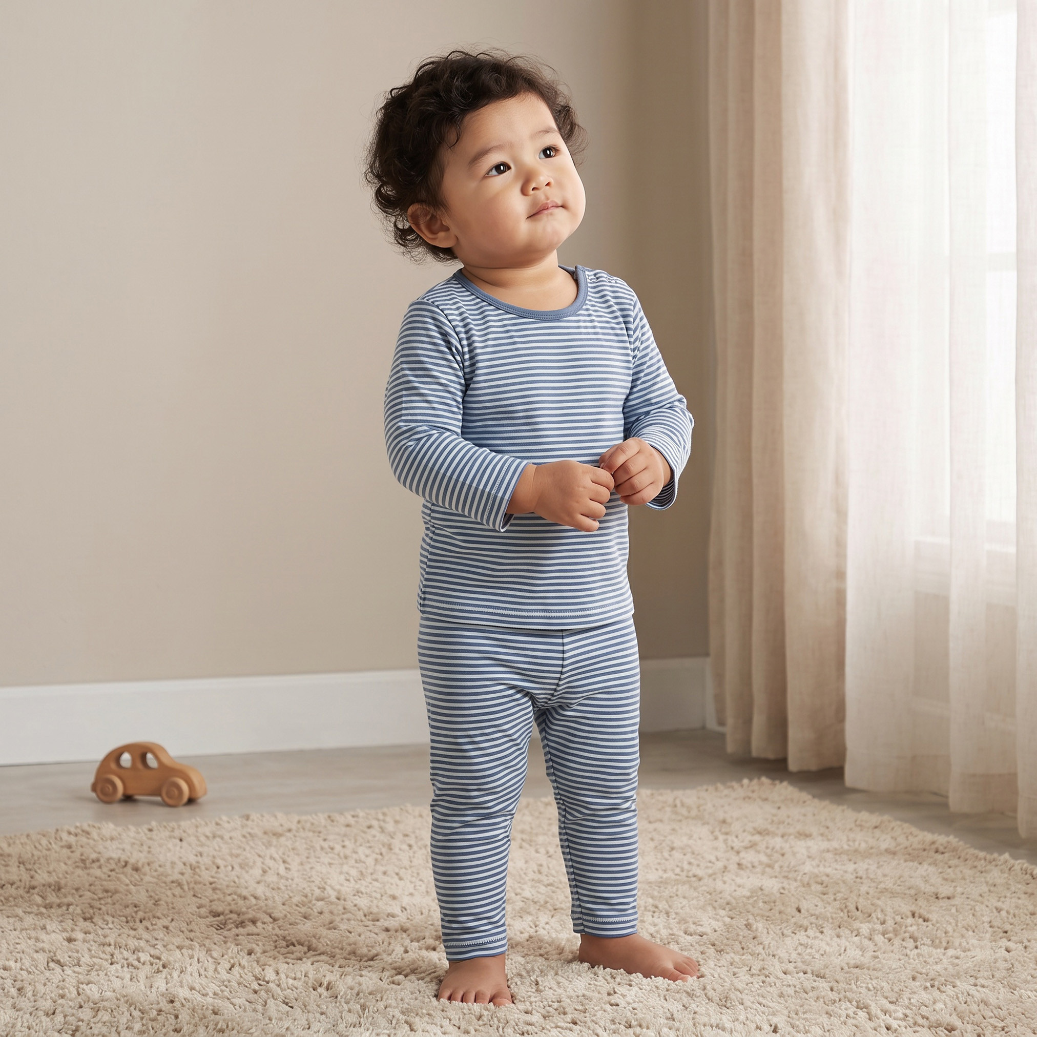 طقم بيجاما قطن بياقة ضيقة وأكمام طويلة ومخطط من جونيورز-baby-boys-clothing-nightwear-pyjamasets-image-1
