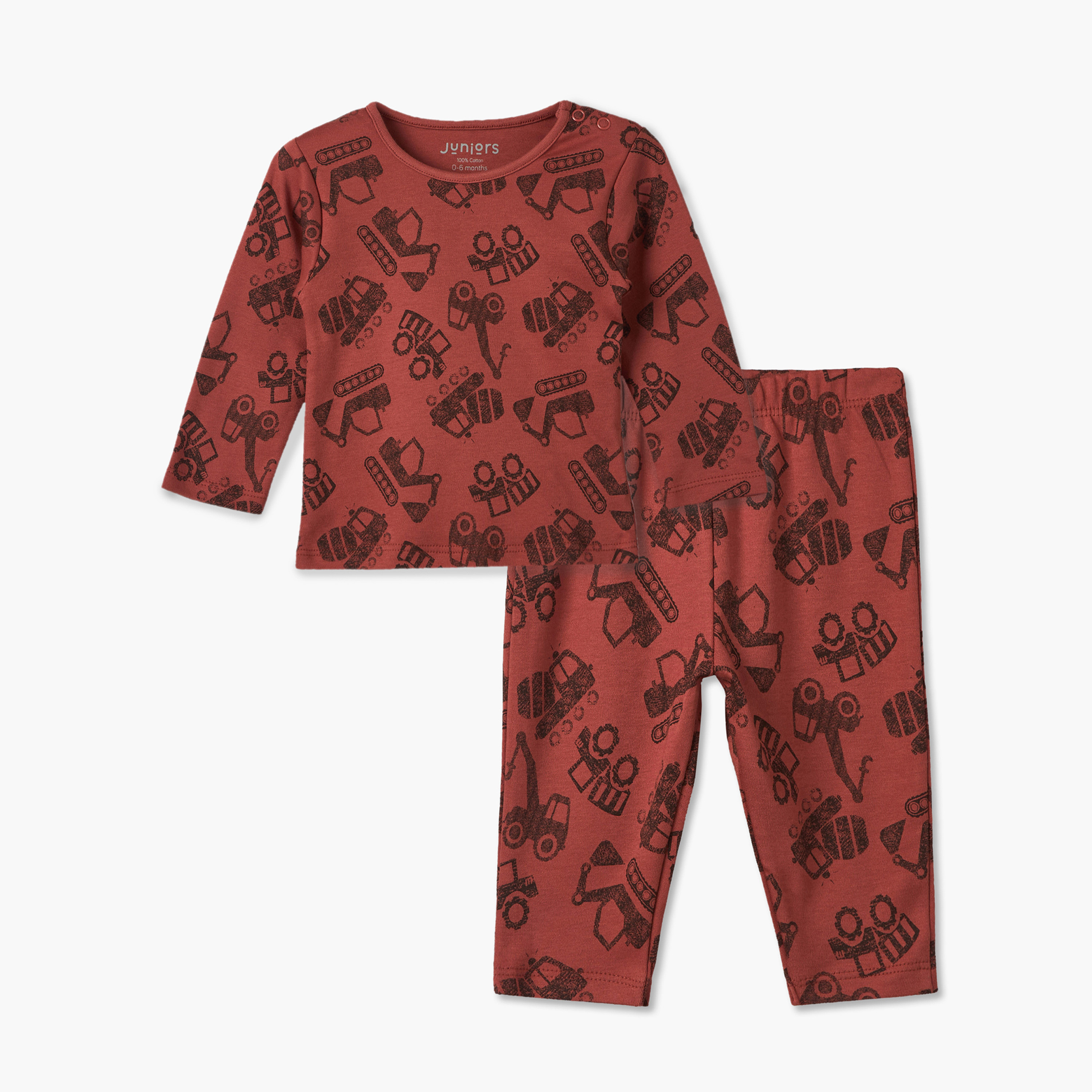 Juniors Cotton Crew Neck Long Sleeves Pyjama Set with Construction Vehicle Print-baby-boys-clothing-nightwear-pyjamasets-image-1