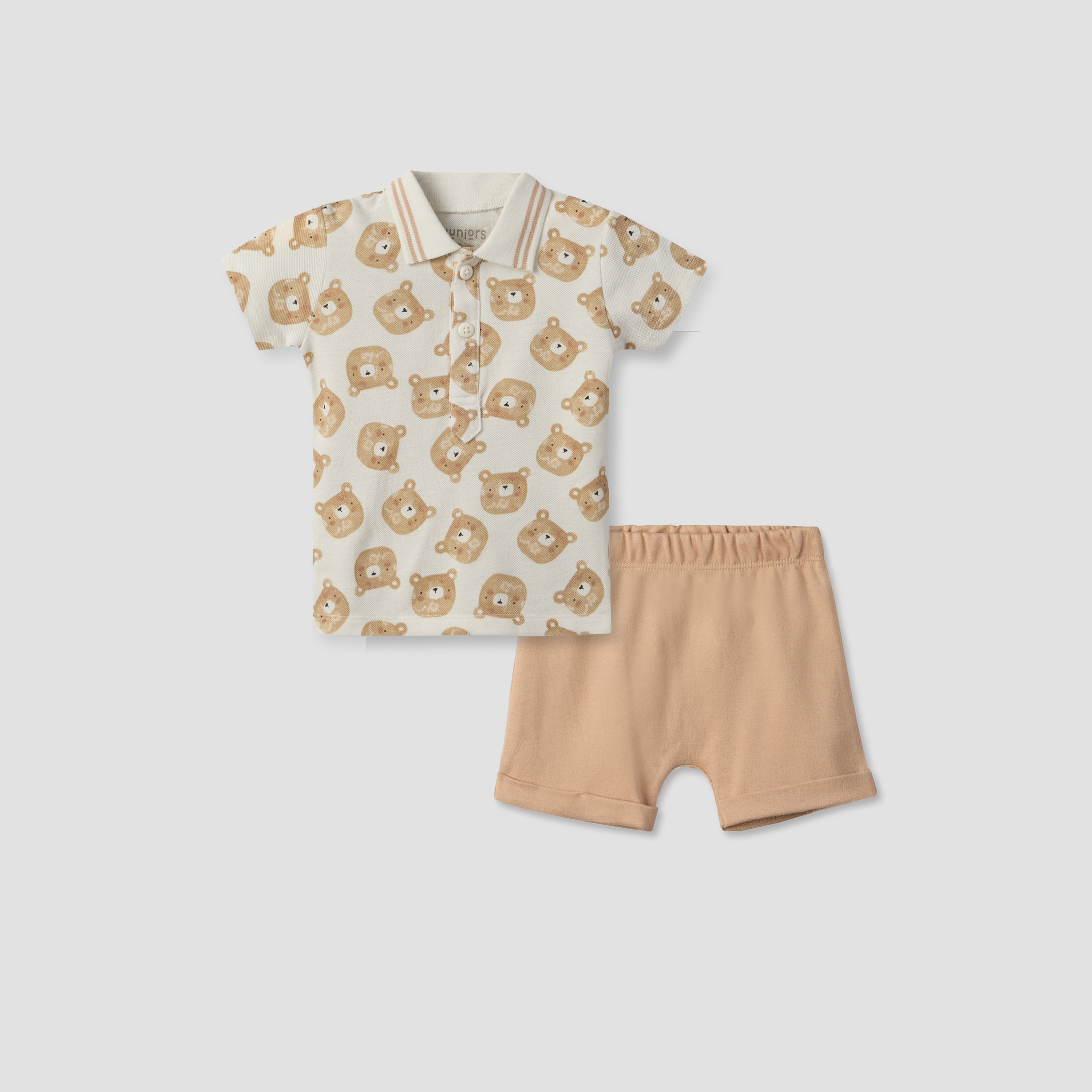 Juniors Collared Short Sleeves Polo T-shirt and Shorts Set with Bear Print-baby-boys-clothing-setsandcoords-image-1