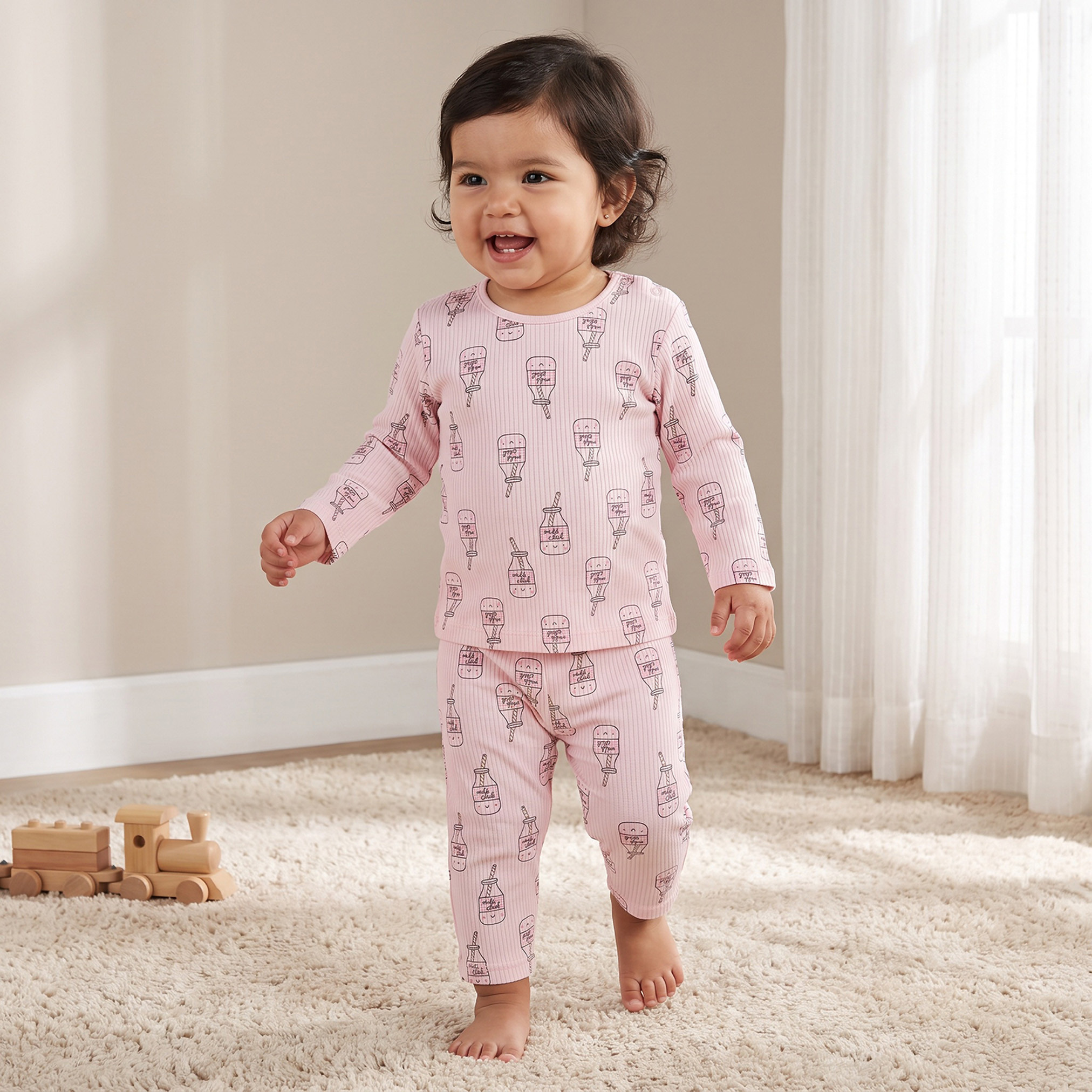 Juniors Cotton Crew Neck Long Sleeves Pyjama Set with Milk Print-baby-girls-clothing-nightwear-pyjamasets-image-1
