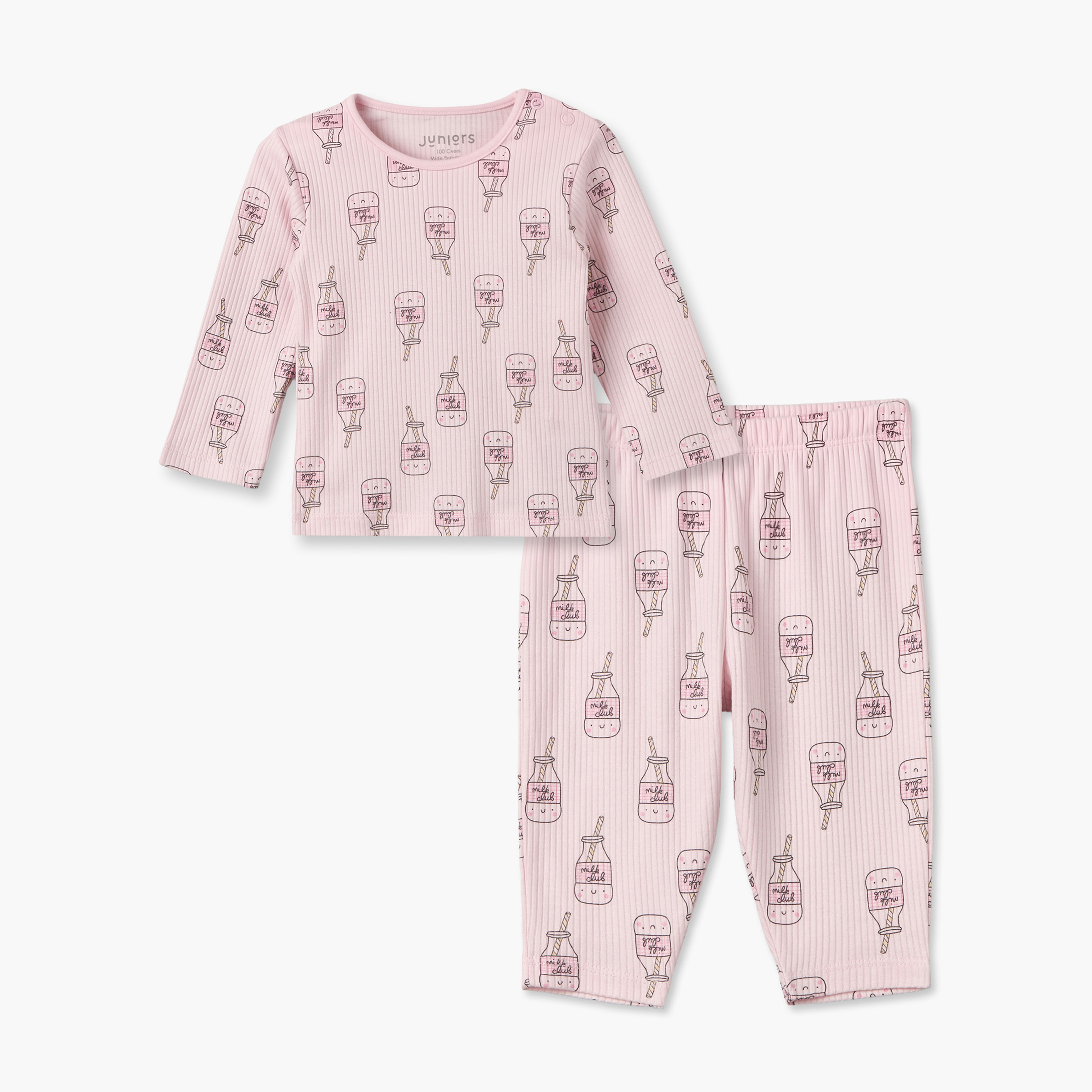 Juniors Cotton Crew Neck Long Sleeves Pyjama Set with Milk Print-baby-girls-clothing-nightwear-pyjamasets-image-2
