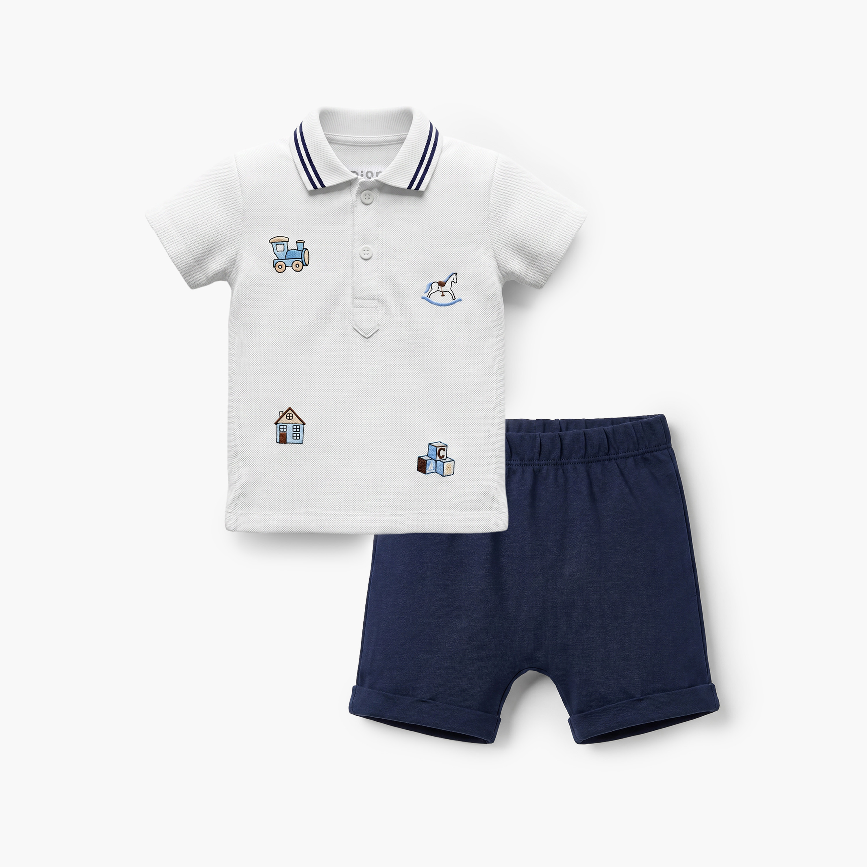Juniors Collared Short Sleeves Polo T-shirt and Shorts Set with Embroidery-baby-boys-clothing-setsandcoords-image-1