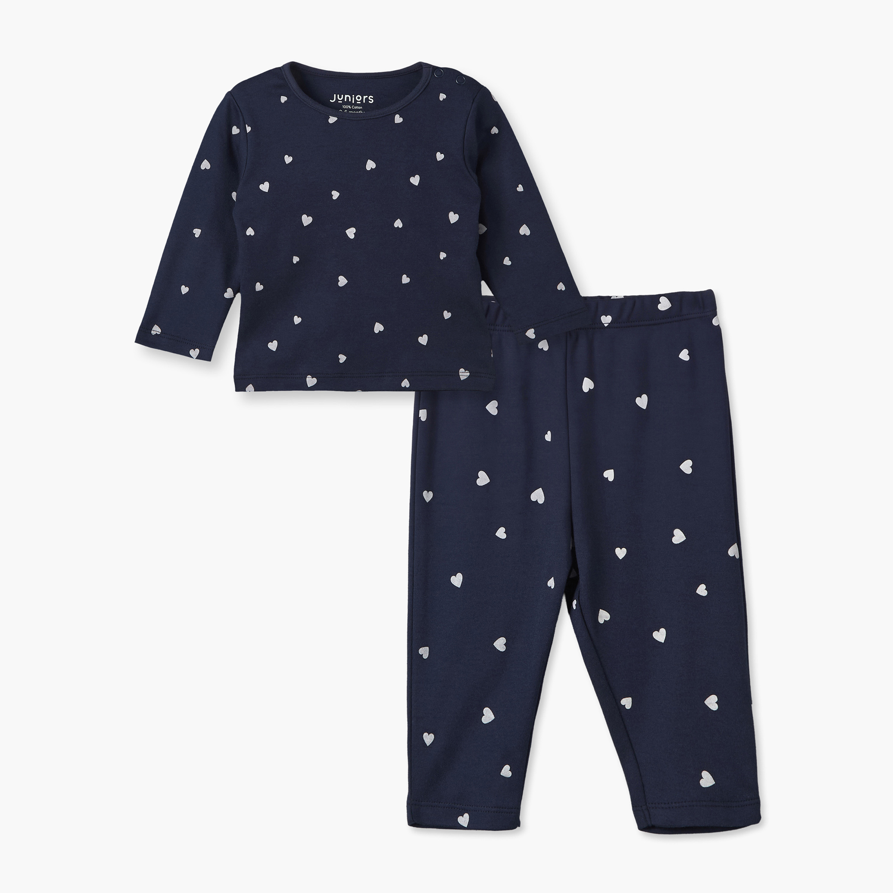 Juniors Cotton Crew Neck Long Sleeves Pyjama Set with Heart Print-baby-girls-clothing-nightwear-pyjamasets-image-2