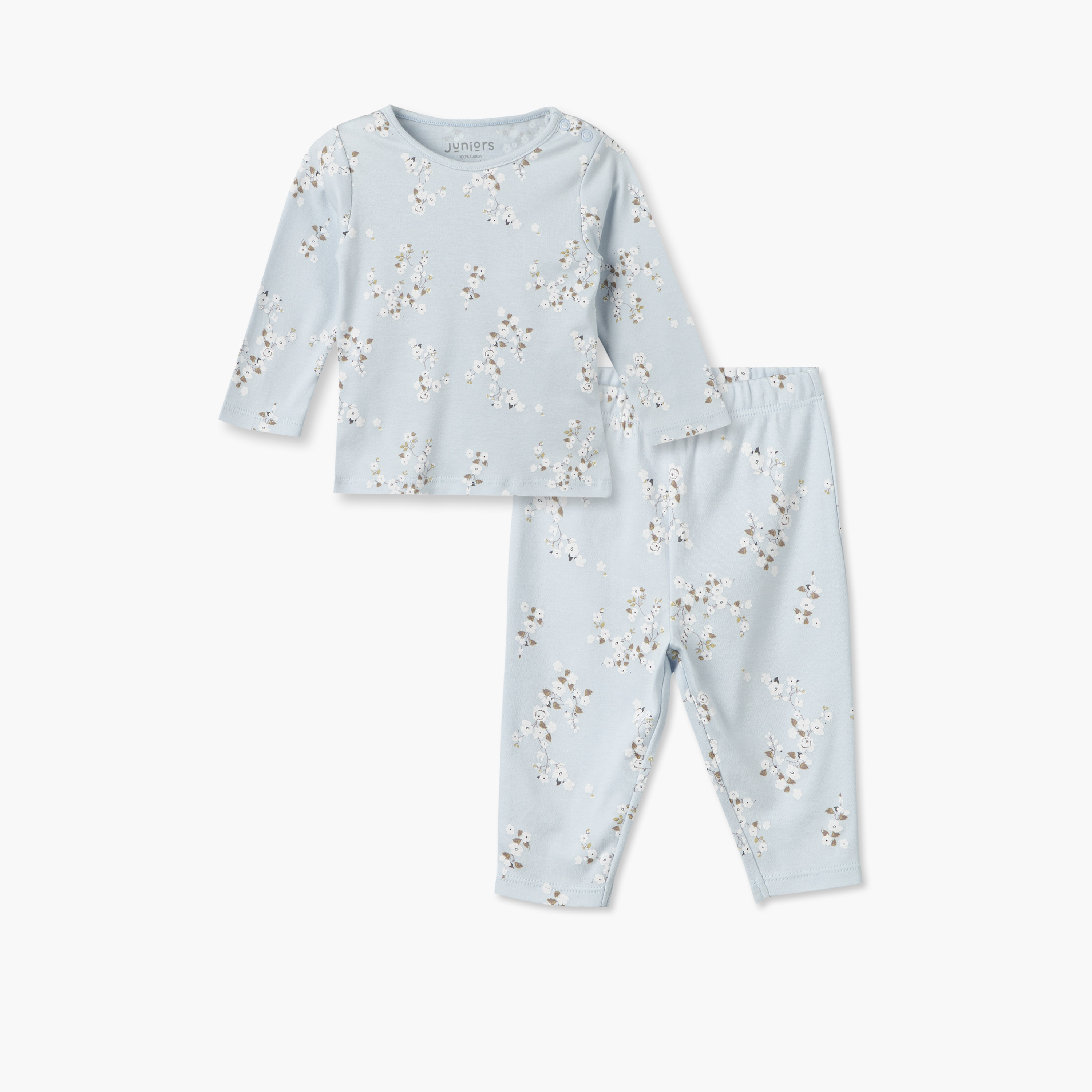 طقم بيجاما قطن بياقة ضيقة وأكمام طويلة وطبعات زهرية من جونيورز-baby-girls-clothing-nightwear-pyjamasets-image-1