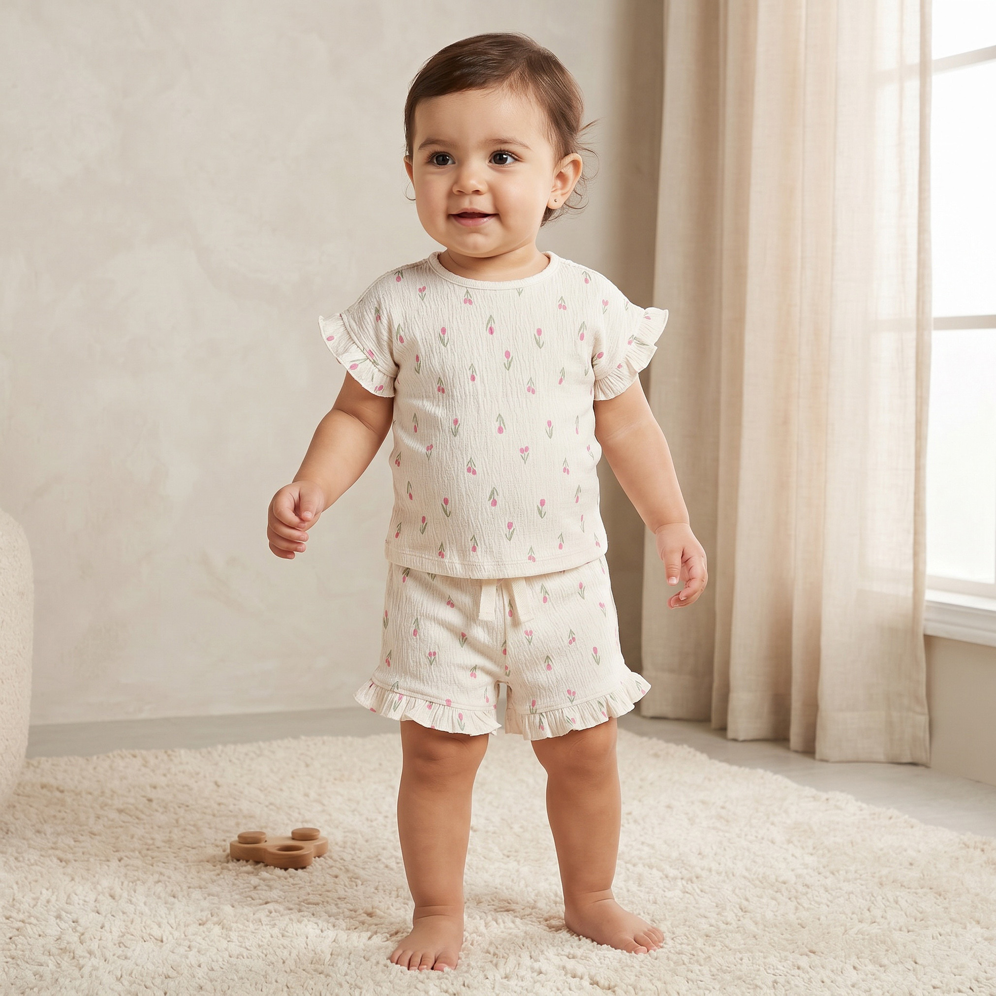 Juniors Crew Neck Short Sleeves Top and Shorts Set with Tulip Print-baby-girls-clothing-setsandcoords-image-1
