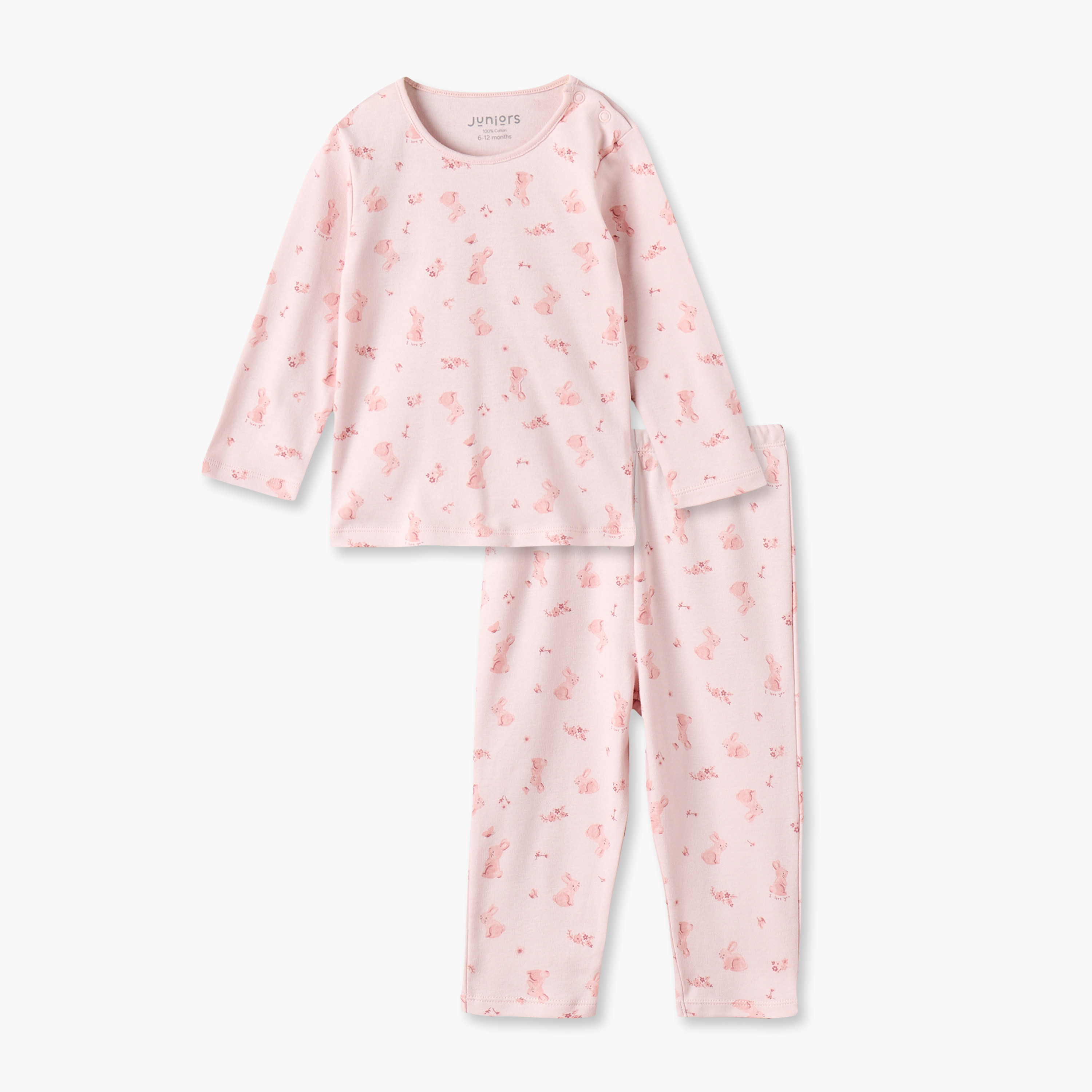 طقم بيجاما قطن بياقة ضيقة وأكمام طويلة وطبعات أرنب من جونيورز-baby-girls-clothing-nightwear-pyjamasets-image-1