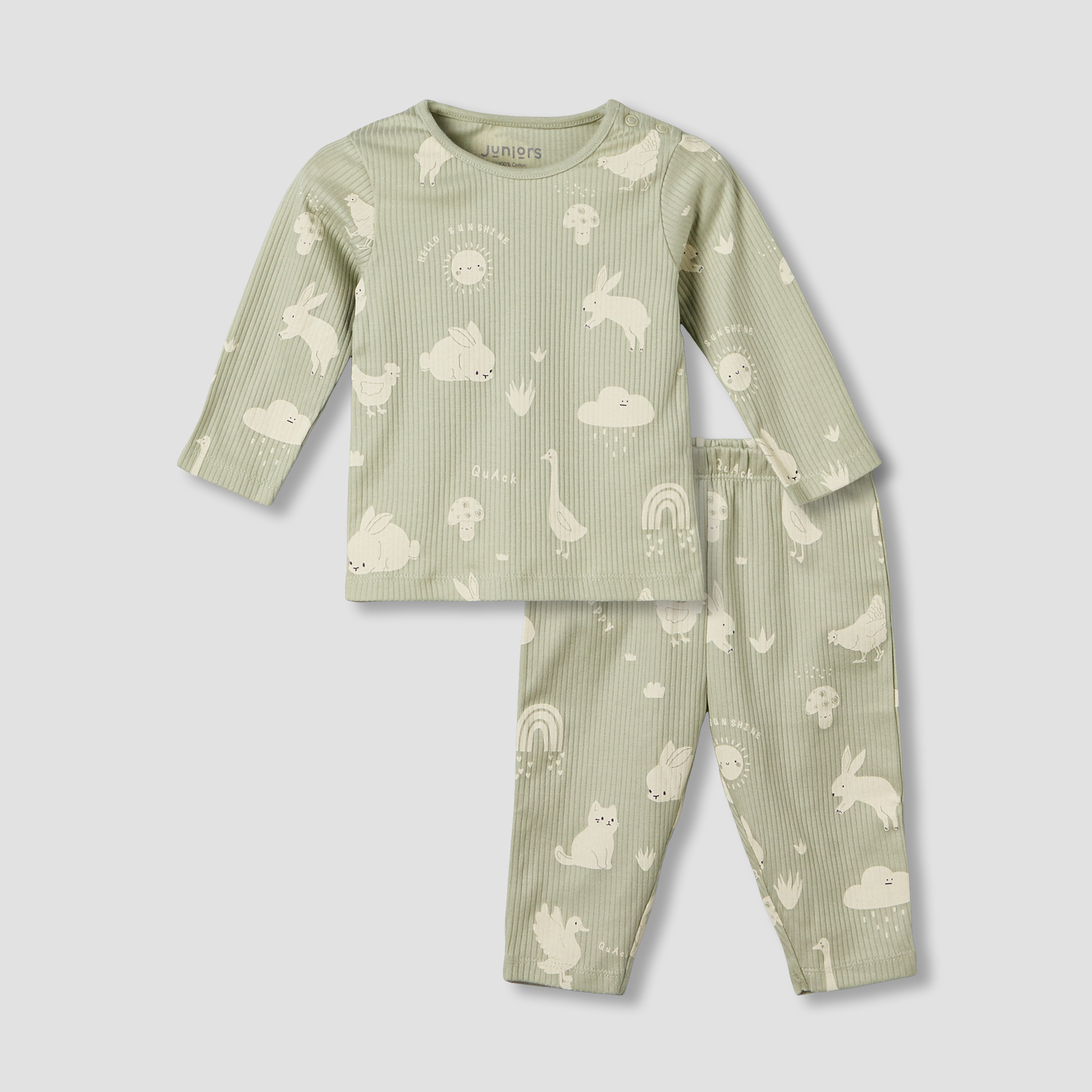Juniors Cotton Crew Neck Long Sleeves Pyjama Set with Animal Print-baby-girls-clothing-nightwear-pyjamasets-image-1