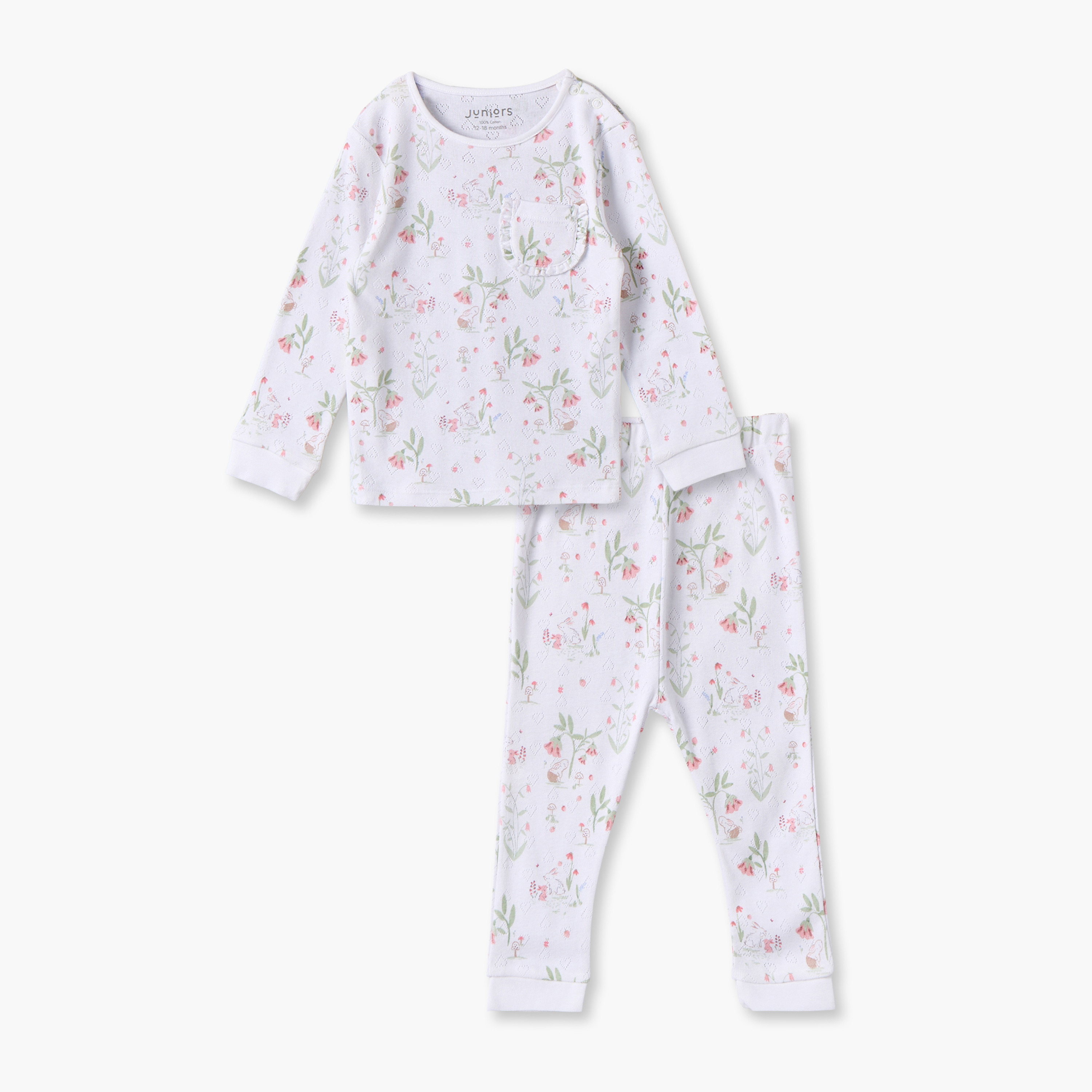 Juniors Cotton Crew Neck Long Sleeves Pyjama Set with Floral Print-baby-girls-clothing-nightwear-pyjamasets-image-1