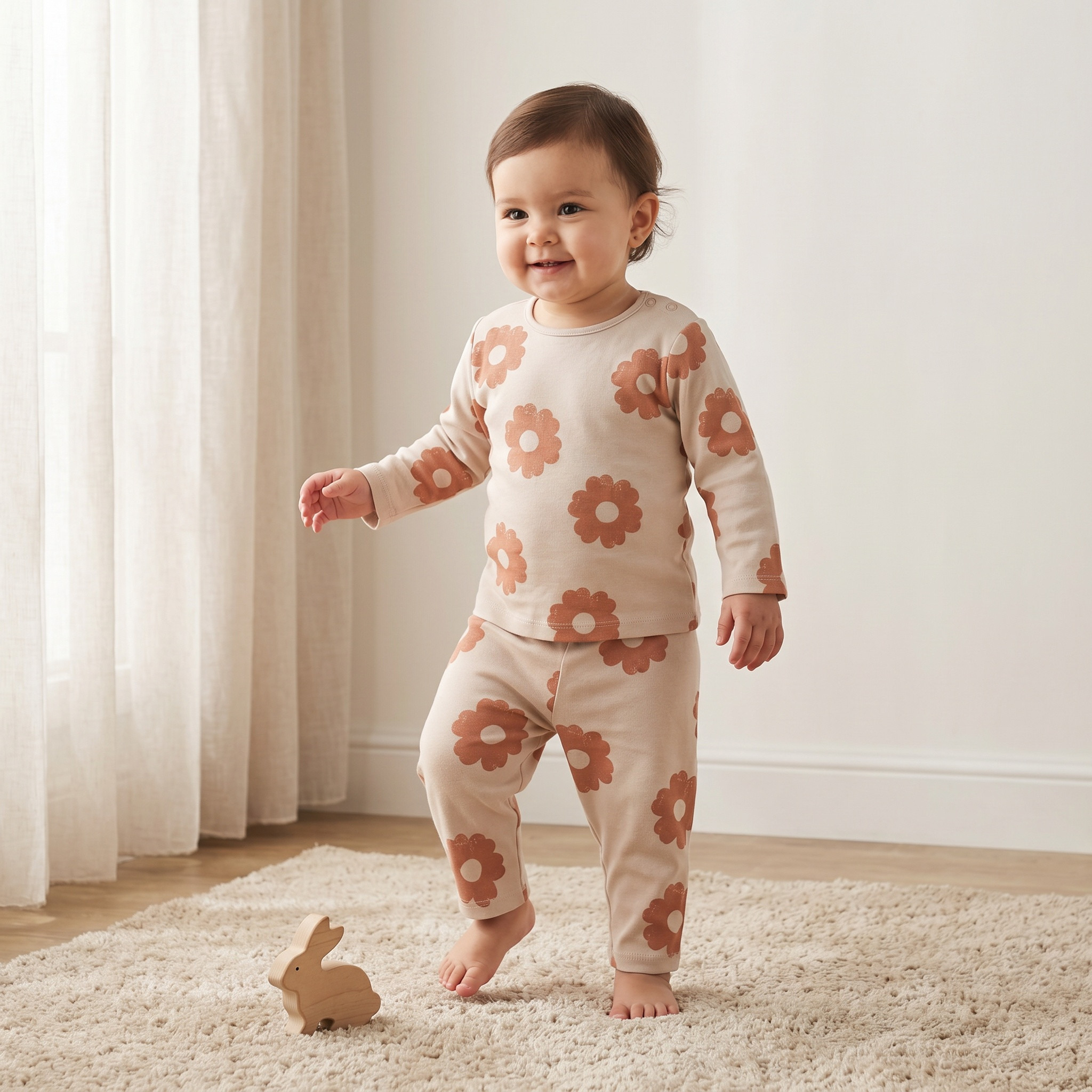 طقم بيجاما قطن بياقة ضيقة وأكمام طويلة بطبعات زهور من جونيورز-baby-girls-clothing-nightwear-pyjamasets-image-1