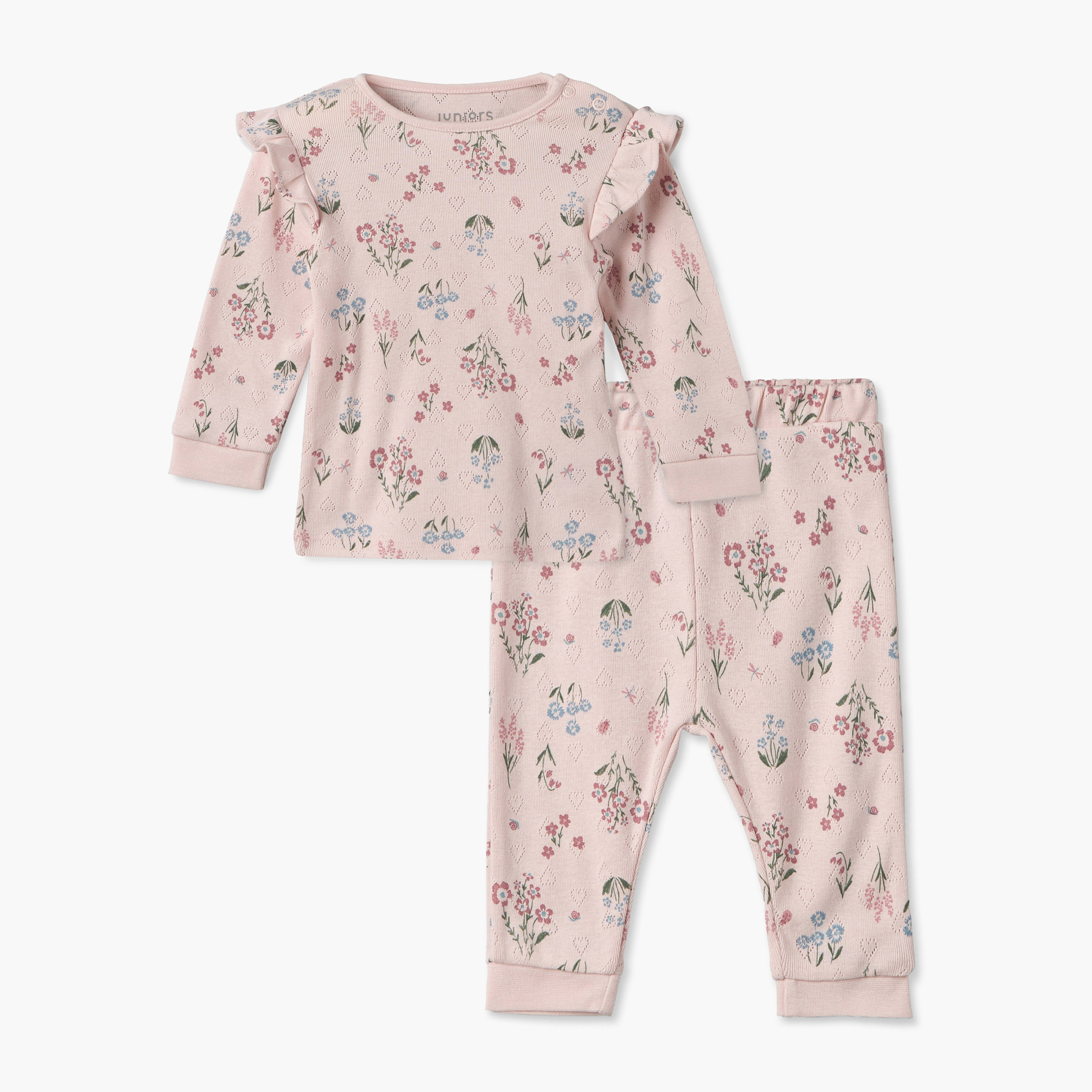 Juniors Cotton Crew Neck Long Sleeves Pyjama Set with Floral Print-baby-girls-clothing-nightwear-pyjamasets-image-1