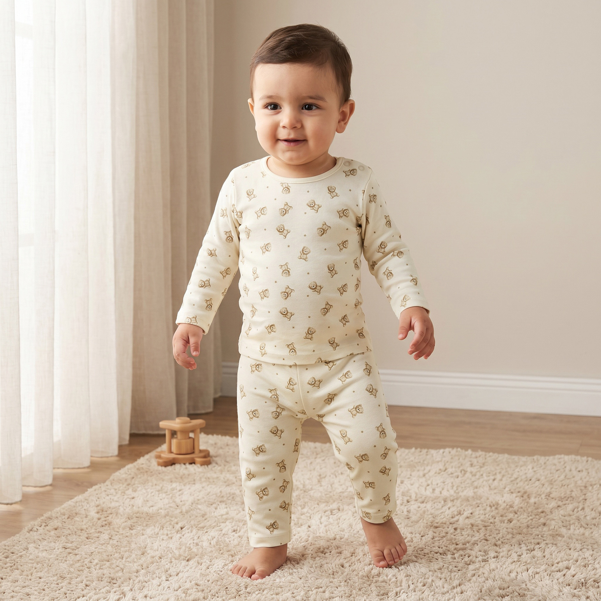 طقم بيجاما قطن بطبعات دب تيدي وأكمام طويلة وياقة مستديرة من جونيورز-baby-boys-clothing-nightwear-pyjamasets-image-1