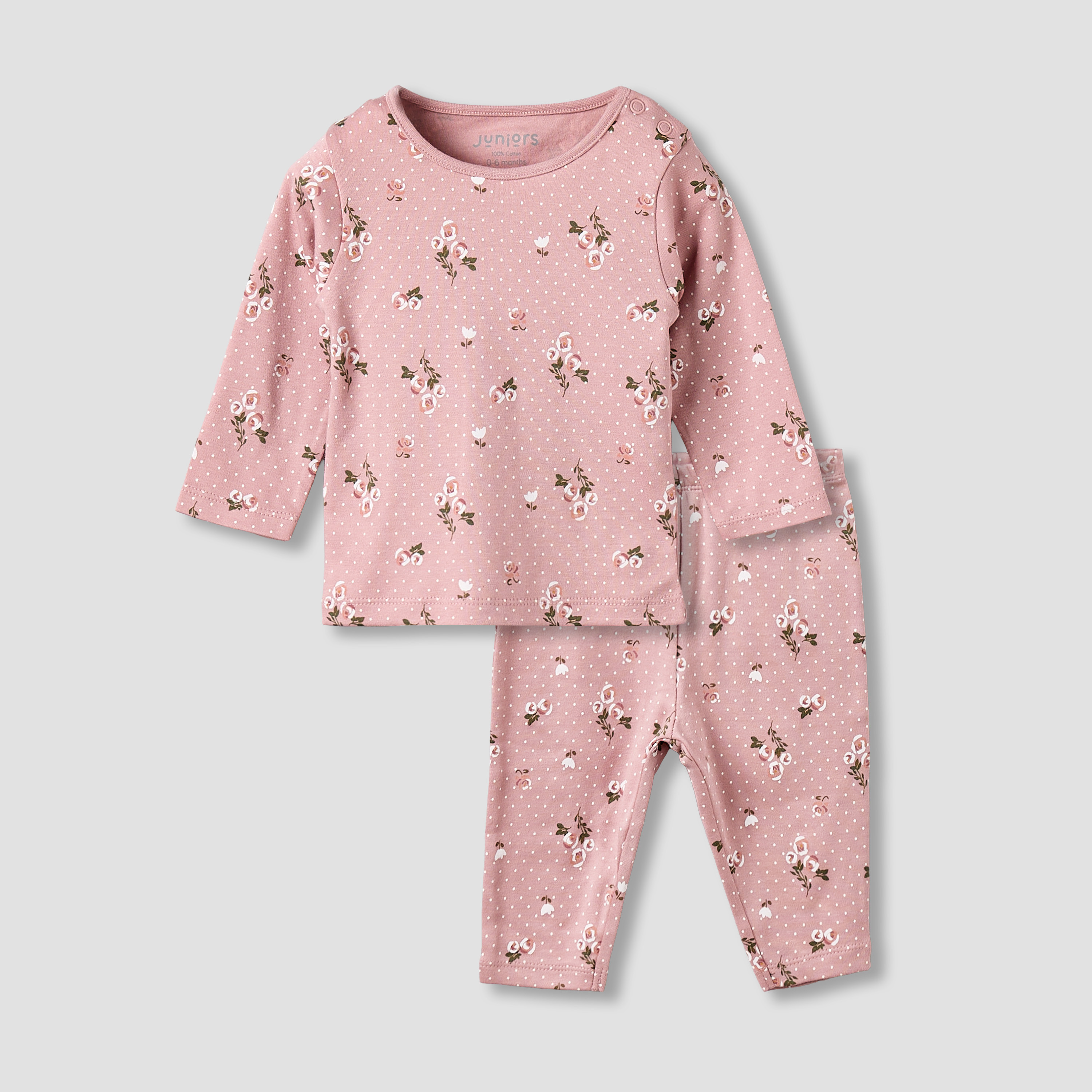 Juniors Cotton Round Neck Long Sleeves Pyjama Set with Floral Print-baby-girls-clothing-nightwear-pyjamasets-image-1