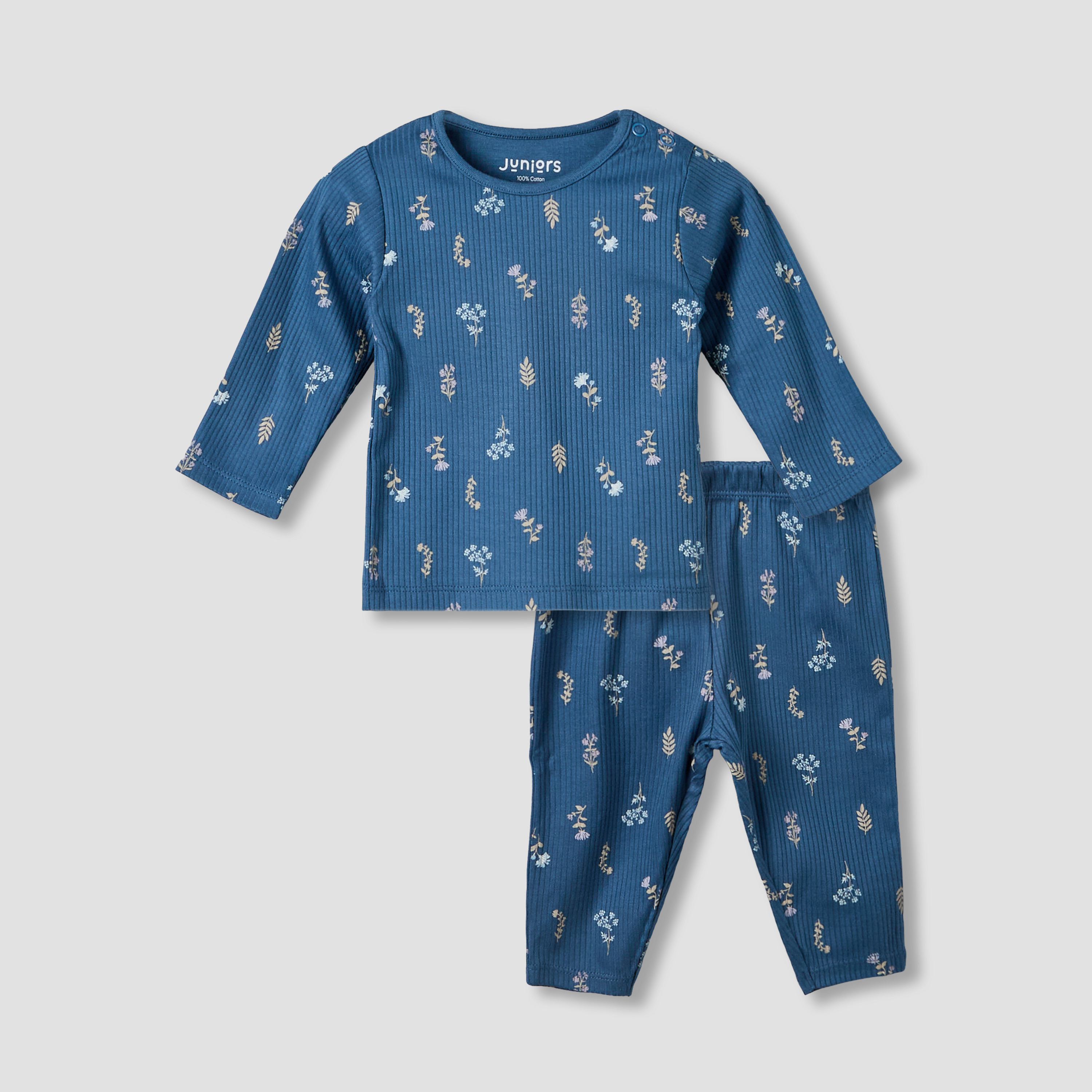 طقم بيجاما قطن بياقة مستديرة وأكمام طويلة وطبعات زهرية من جونيورز-baby-girls-clothing-nightwear-pyjamasets-image-2