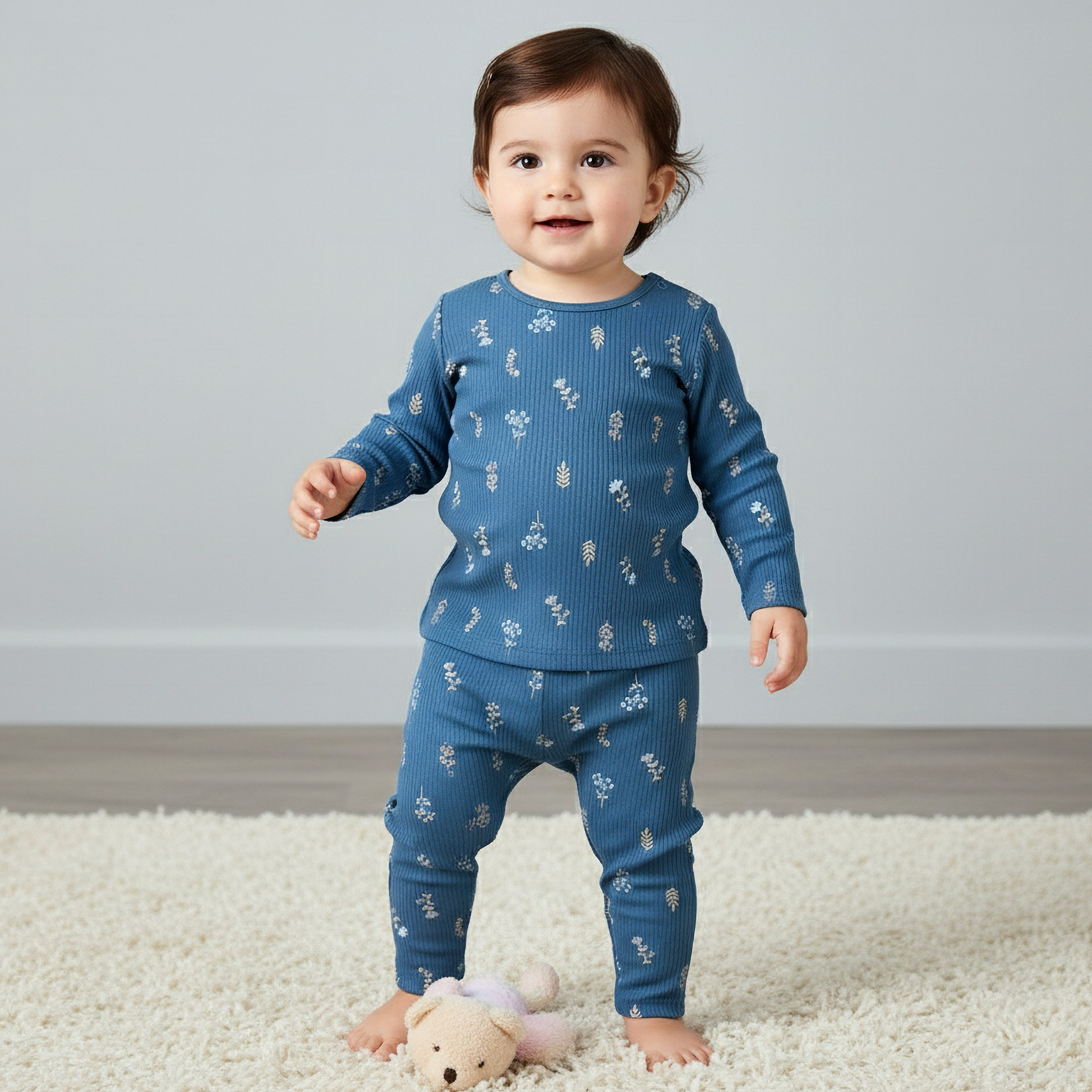 طقم بيجاما قطن بياقة مستديرة وأكمام طويلة وطبعات زهرية من جونيورز-baby-girls-clothing-nightwear-pyjamasets-image-1