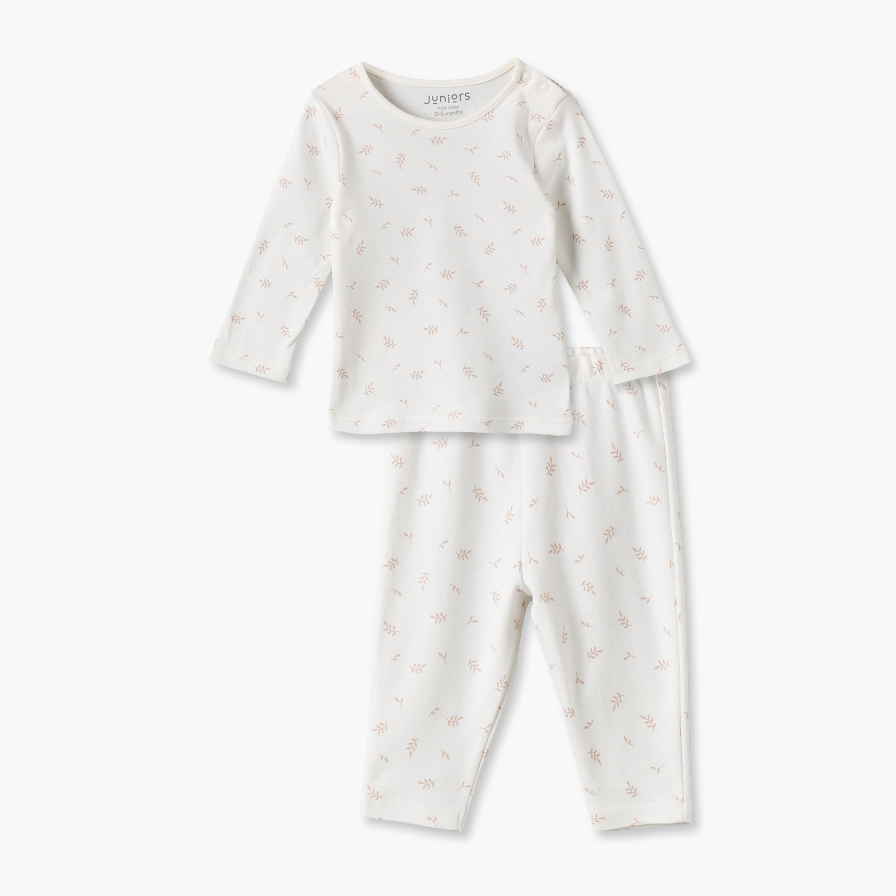 Juniors Cotton Crew Neck Long Sleeves Pyjama Set with Leaf Print-baby-girls-clothing-nightwear-pyjamasets-image-1