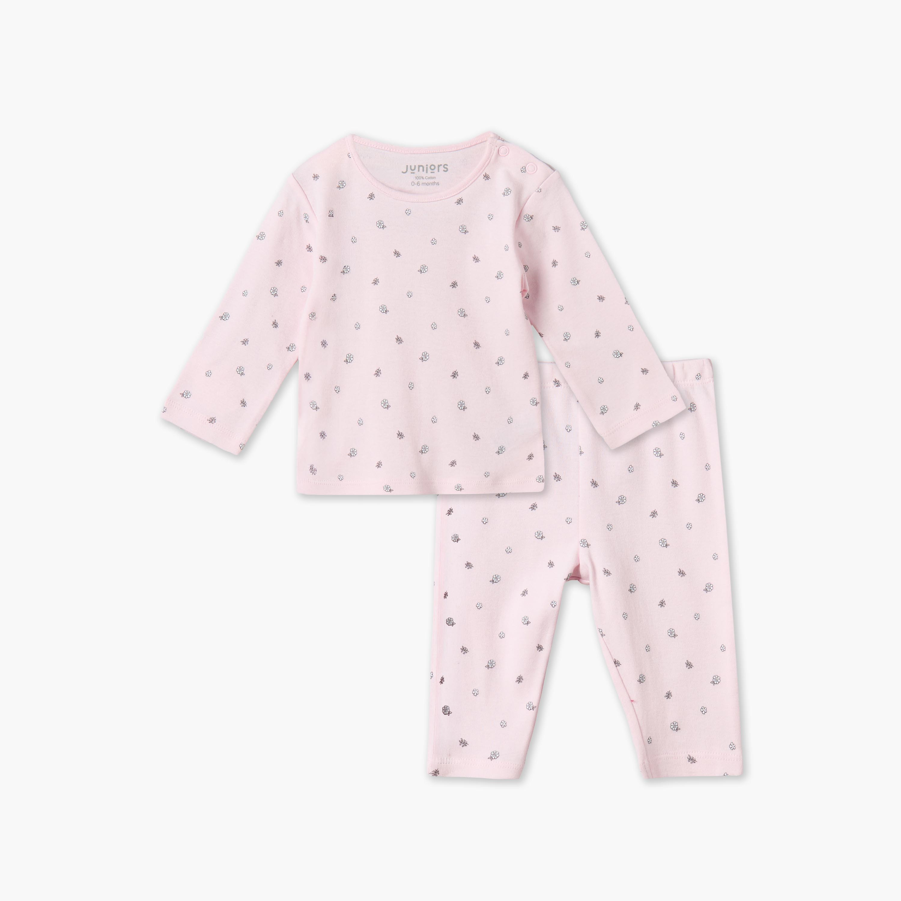 طقم بيجاما قطن بياقة مستديرة وأكمام طويلة وطبعات من جونيورز-baby-girls-clothing-nightwear-pyjamasets-image-1