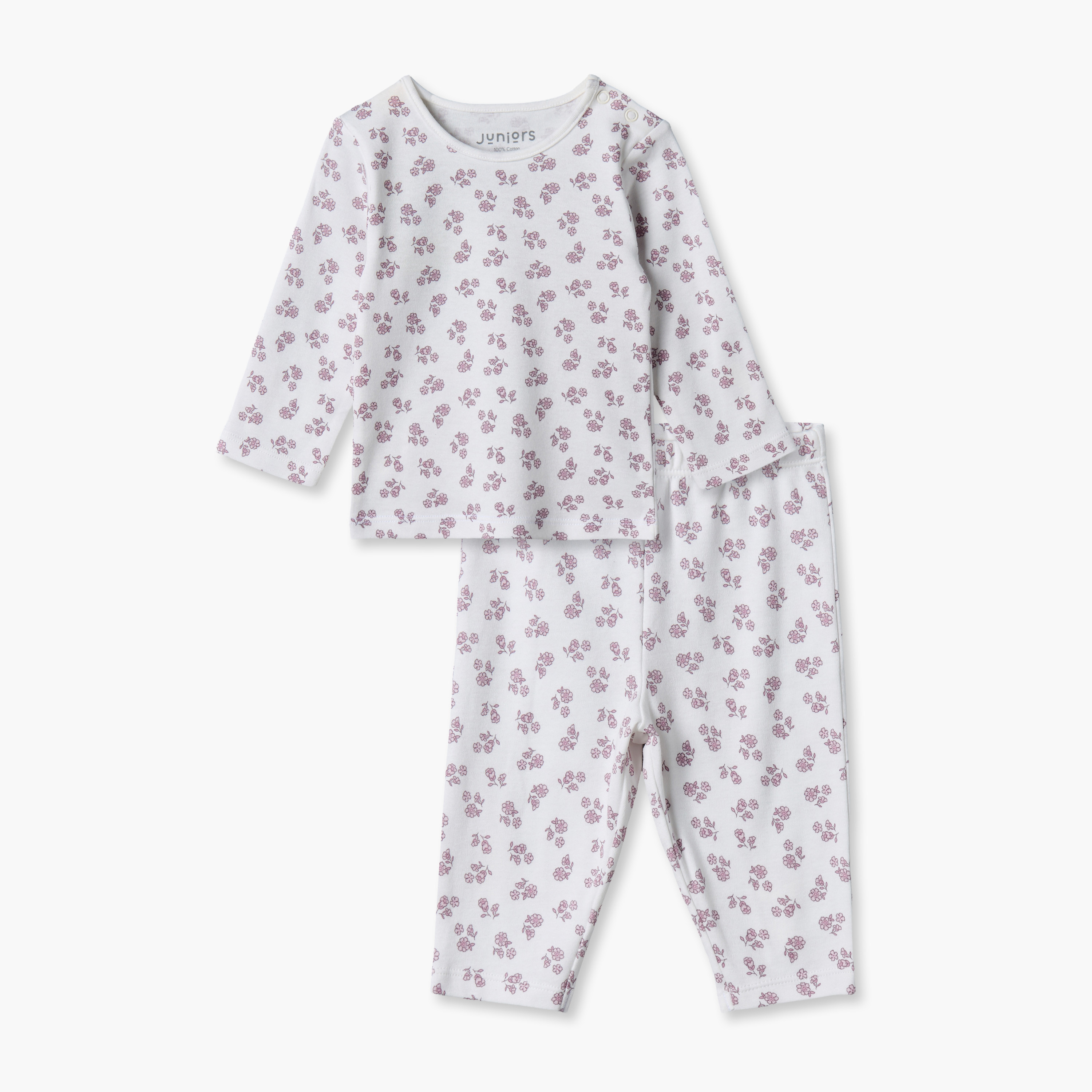طقم بيجاما قطن بياقة ضيقة وأكمام طويلة وطبعات من جونيورز-baby-girls-clothing-nightwear-pyjamasets-image-1