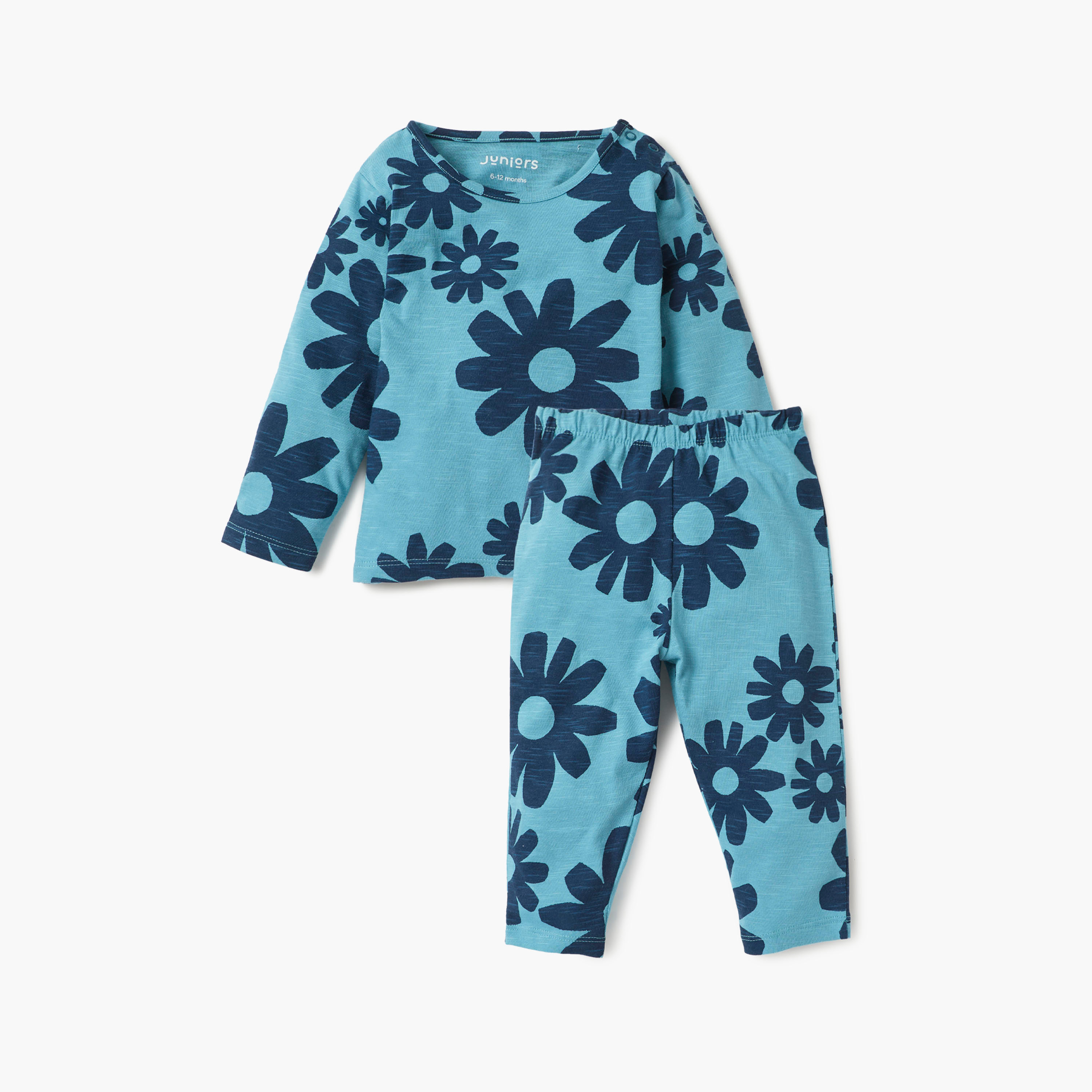 Juniors Floral Print T-shirt and Pyjama Set-baby-girls-clothing-nightwear-pyjamasets-image-1