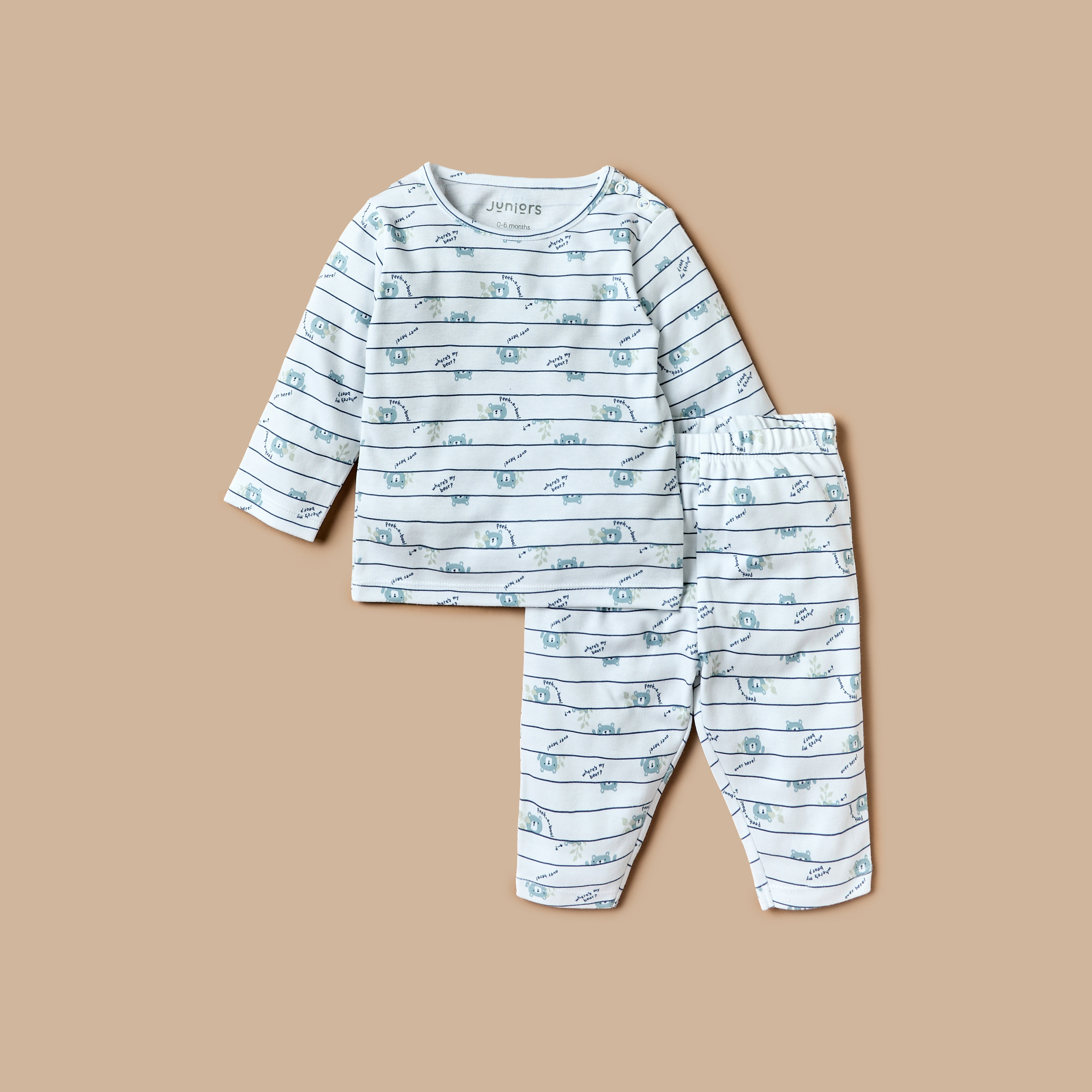 طقم بنطلون بيجاما مطاطي وتيشيرت بأكمام طويلة وطبعات دب من جونيورز-baby-girls-clothing-nightwear-pyjamasets-image-1