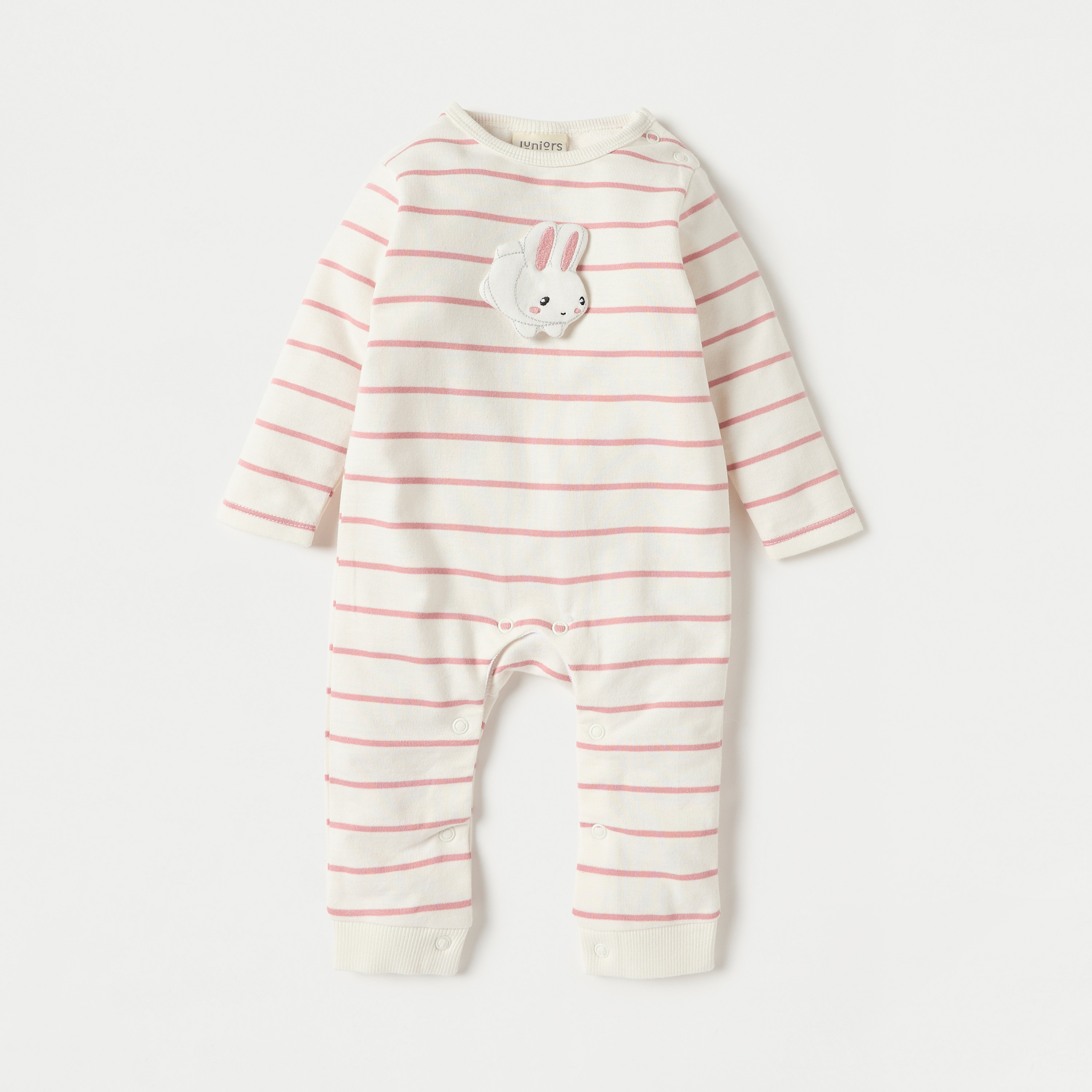 Juniors Striped Sleepsuit with Bunny Applique and Long Sleeves-baby-girls-clothing-nightwear-sleepsuits-image-1