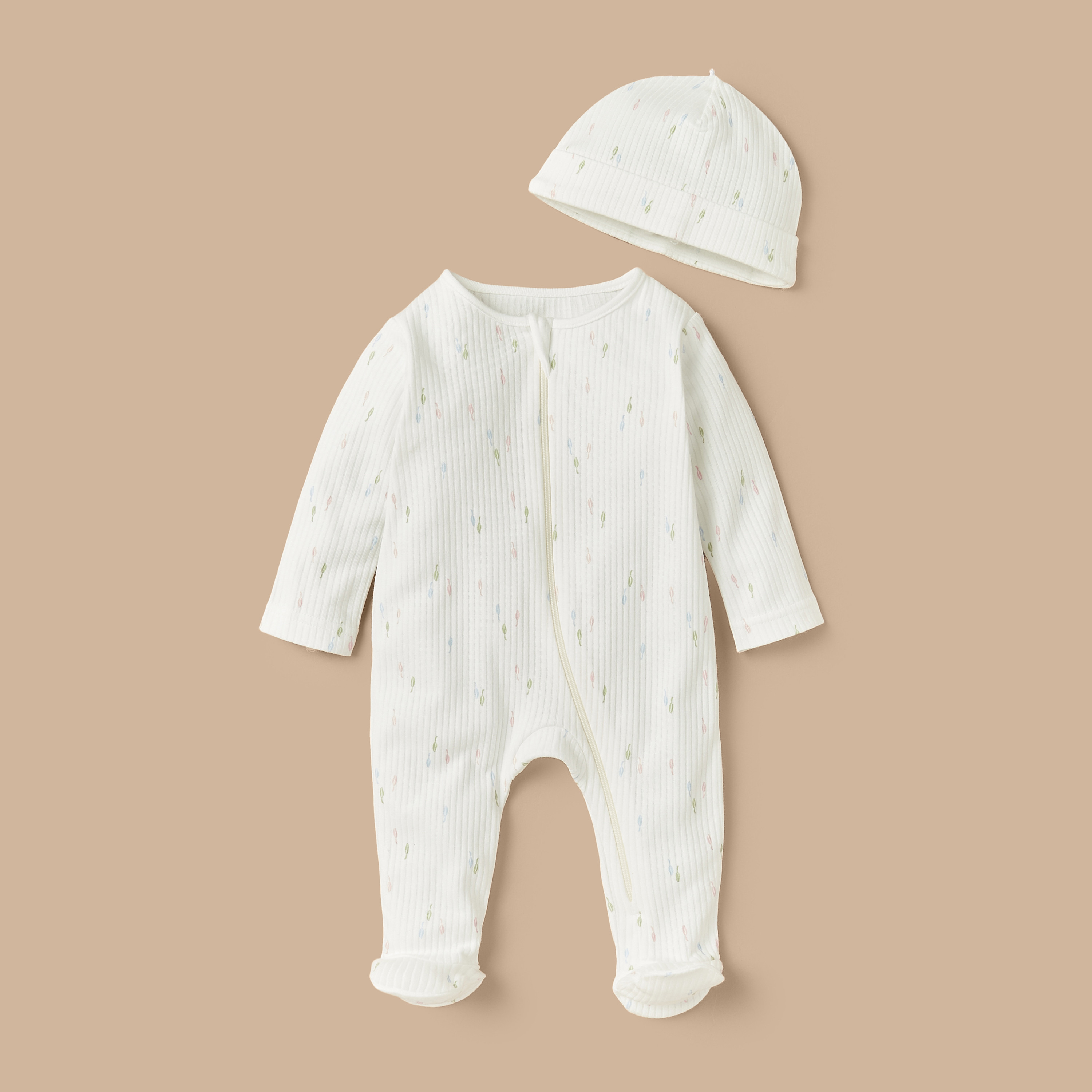 Juniors Floral Print Ribbed Closed Feet Sleepsuit with Cap-baby-girls-clothing-nightwear-sleepsuits-image-1